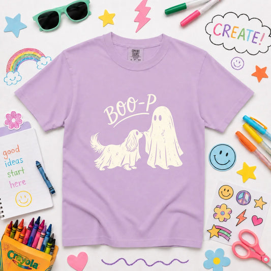 Youth Tshirt Orchid / XS Cavalier Halloween Boop Ghost Dog Unisex YOUTH Tshirt