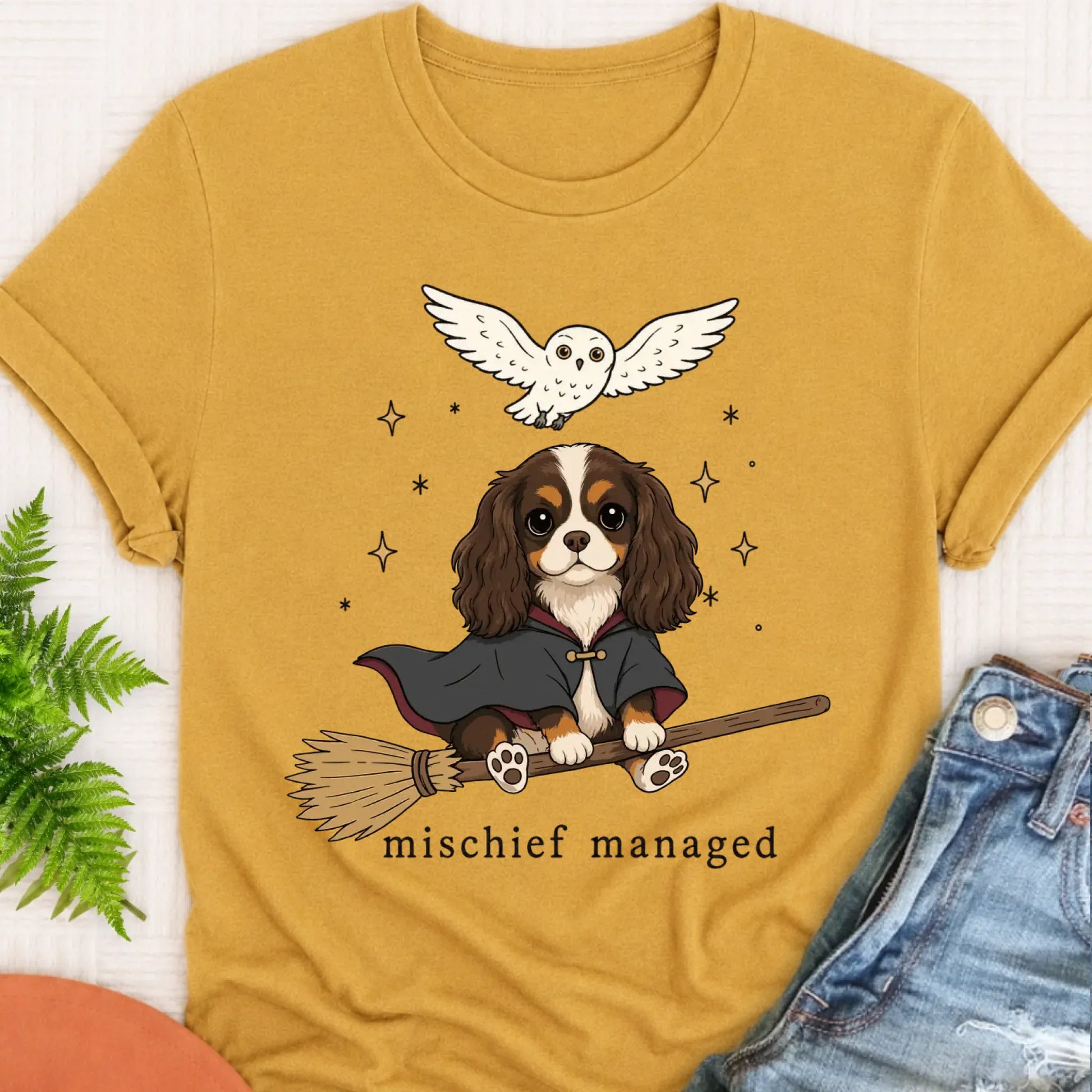 T-Shirt Mustard / S Cavalier Halloween Mischief Managed Unisex TShirt
