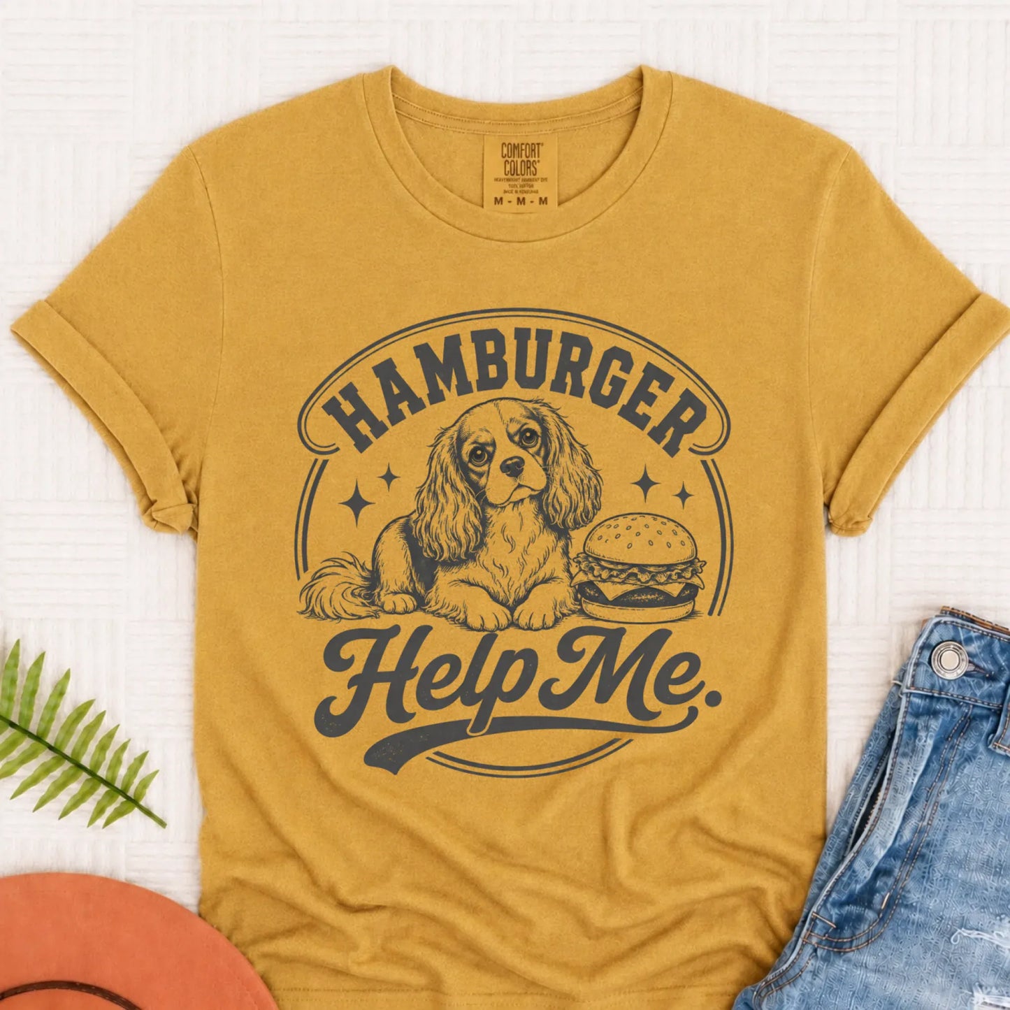 Cavalier Hamburger Grill Help Me Unisex Tshirt Mustard