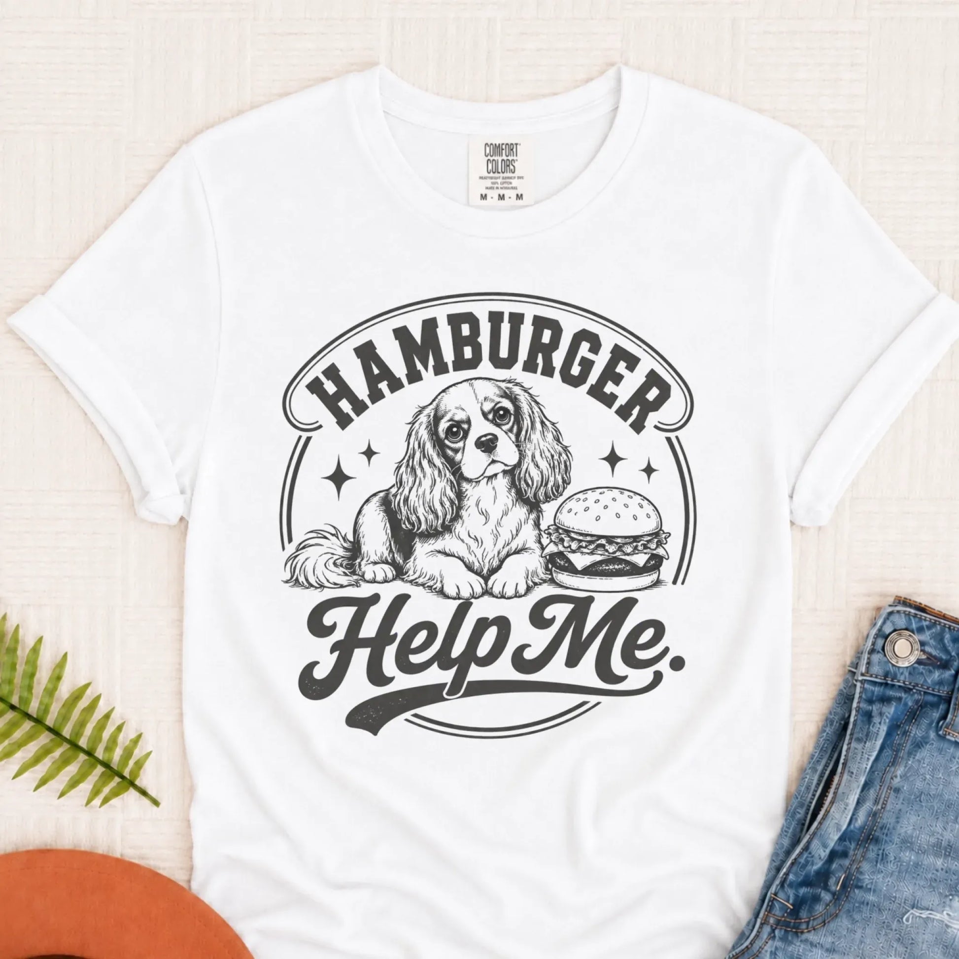 Cavalier Hamburger Grill Help Me Unisex Tshirt White