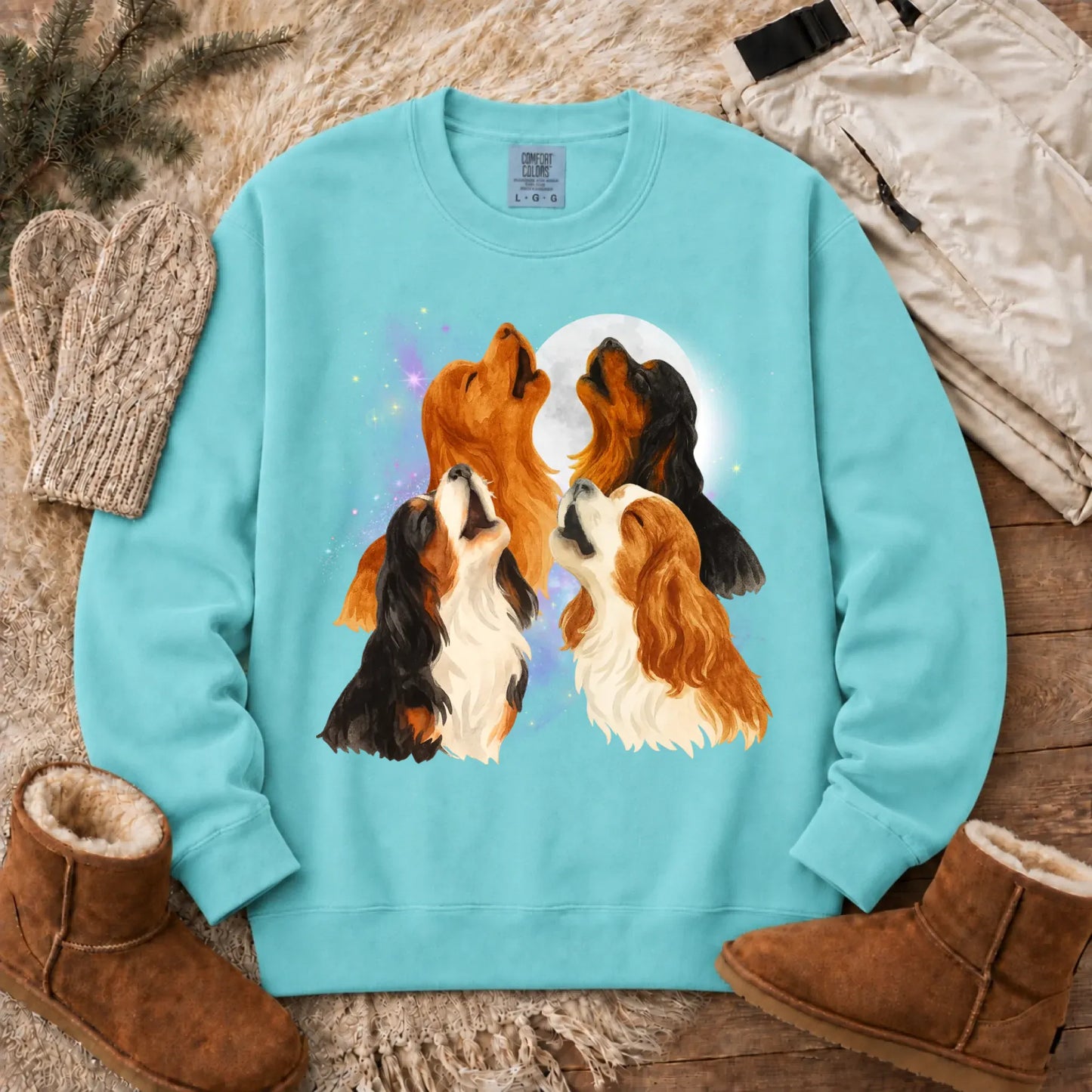 Cavalier Howling at the Moon Unisex Sweatshirt Chalky Mint