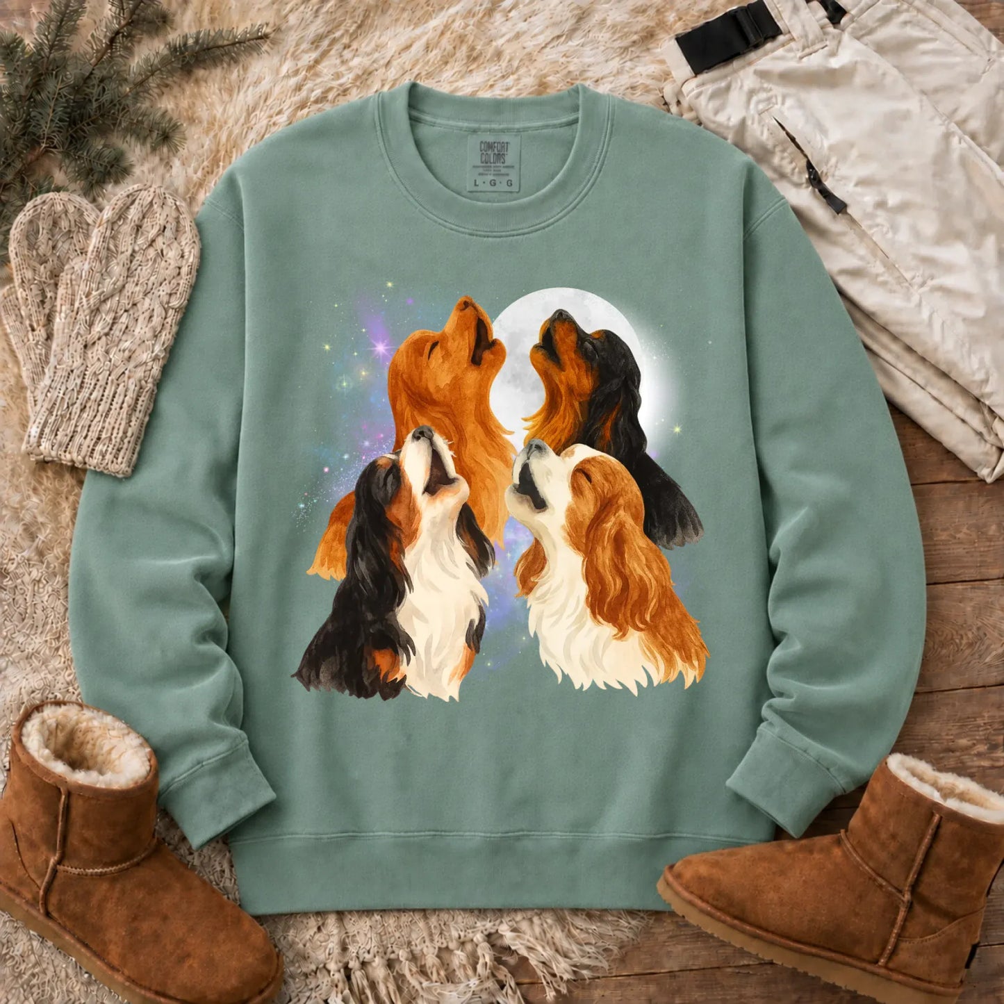 Cavalier Howling at the Moon Unisex Sweatshirt Light Green
