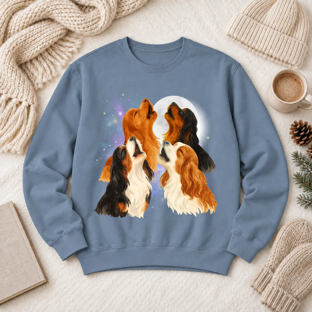 Cavalier Howling at the Moon Unisex Sweatshirt Blue Jean