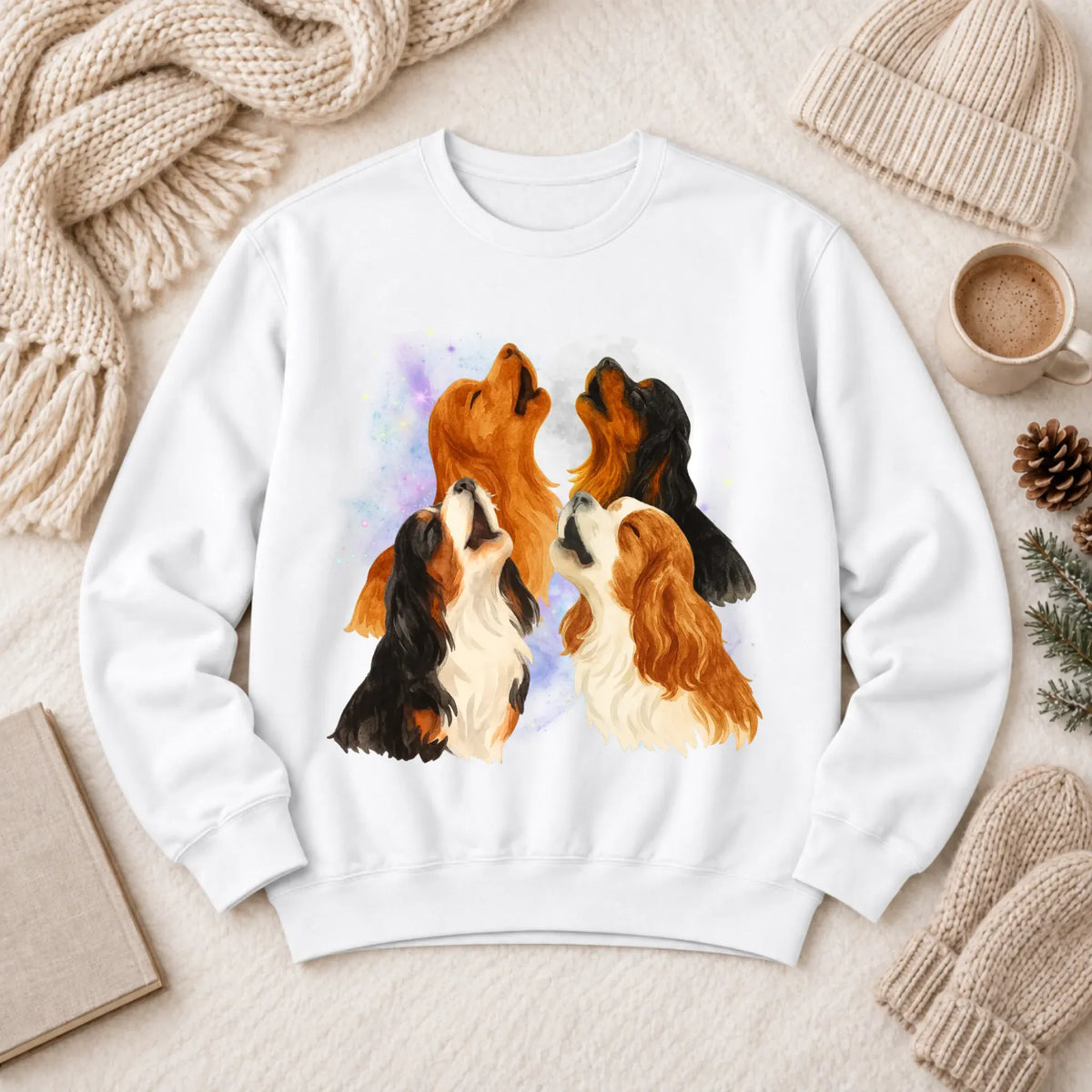 Cavalier Howling at the Moon Unisex Sweatshirt White