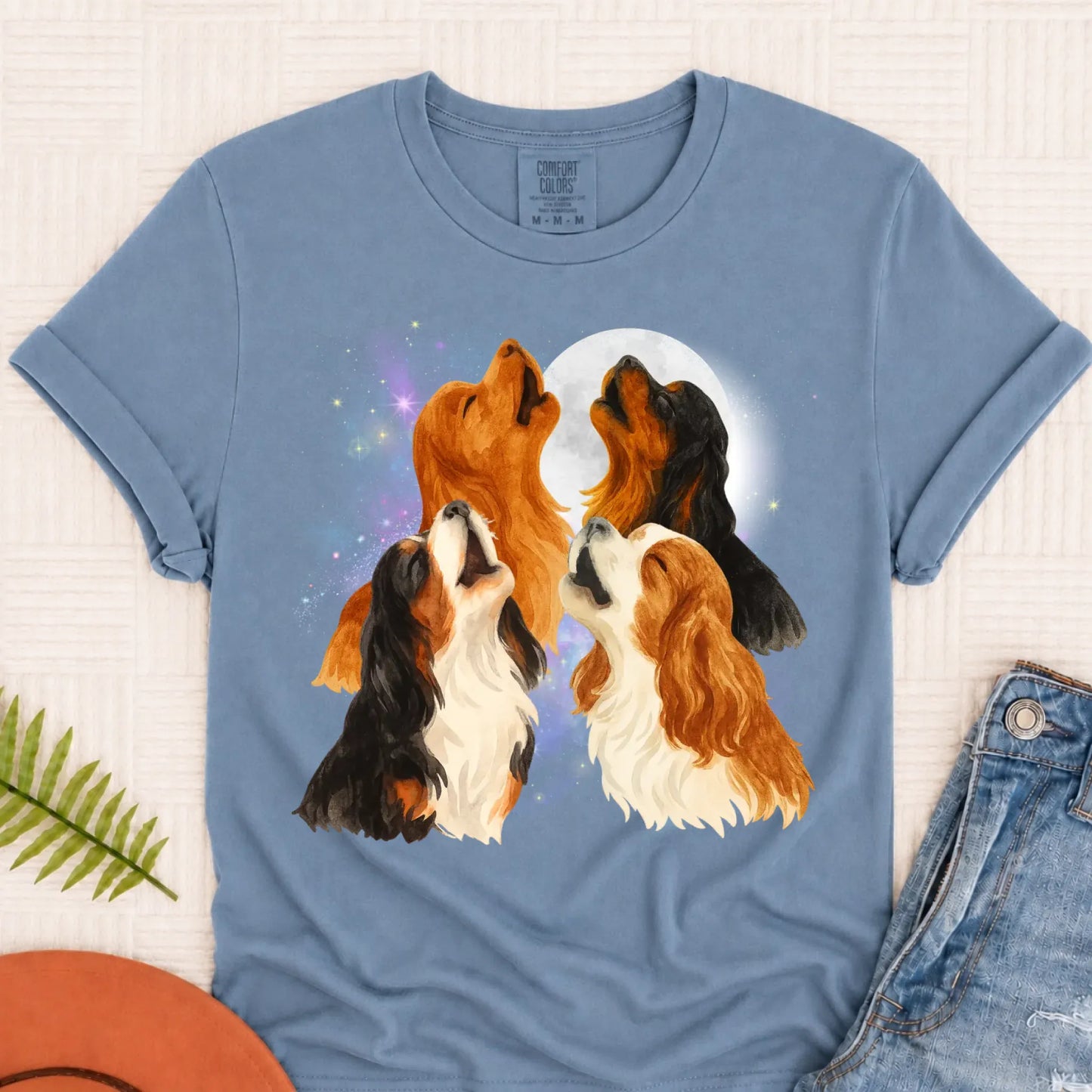 Cavalier Howling at the Moon Unisex TShirt Blue Jean