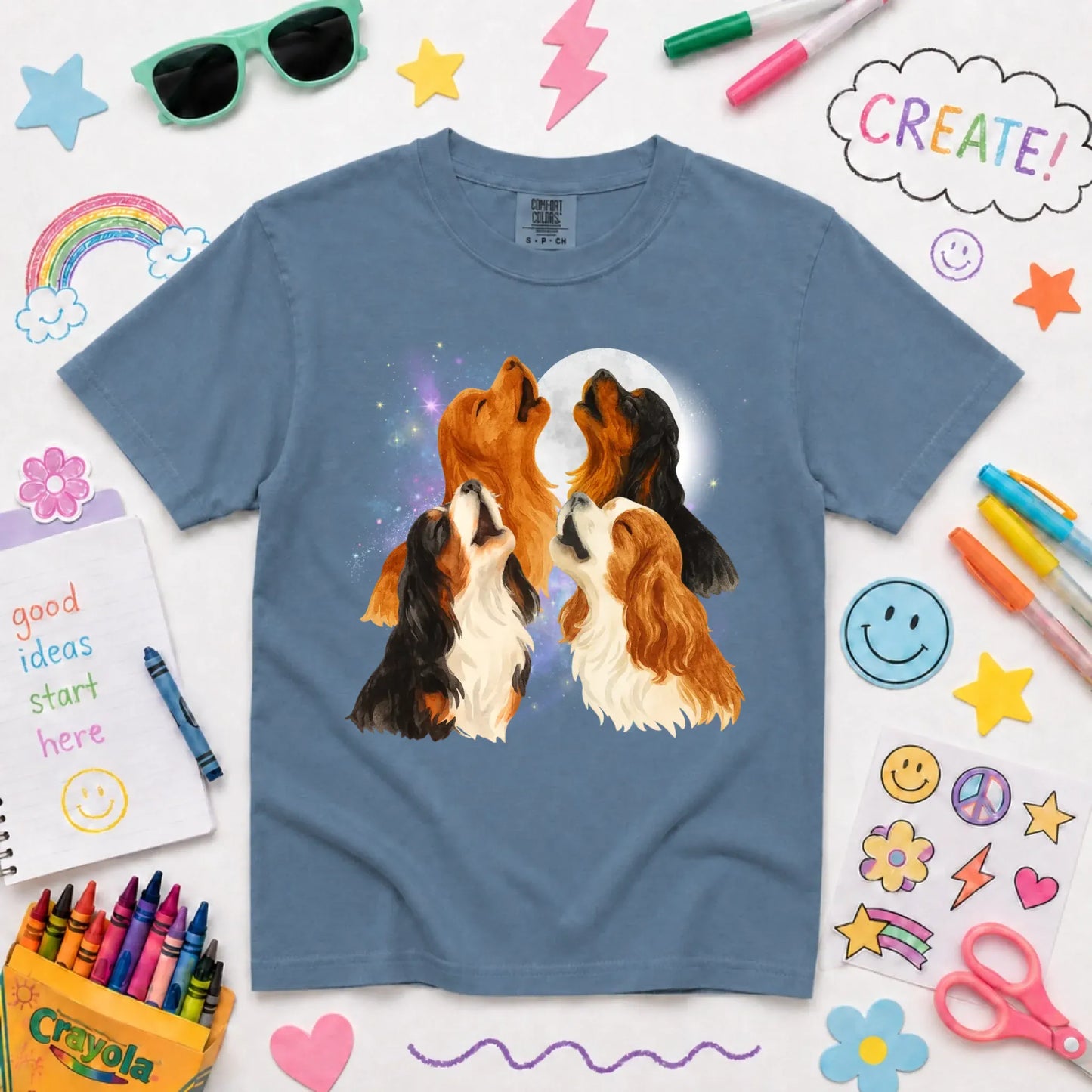 Cavalier Howling at the Moon Unisex YOUTH TShirt Blue Jean