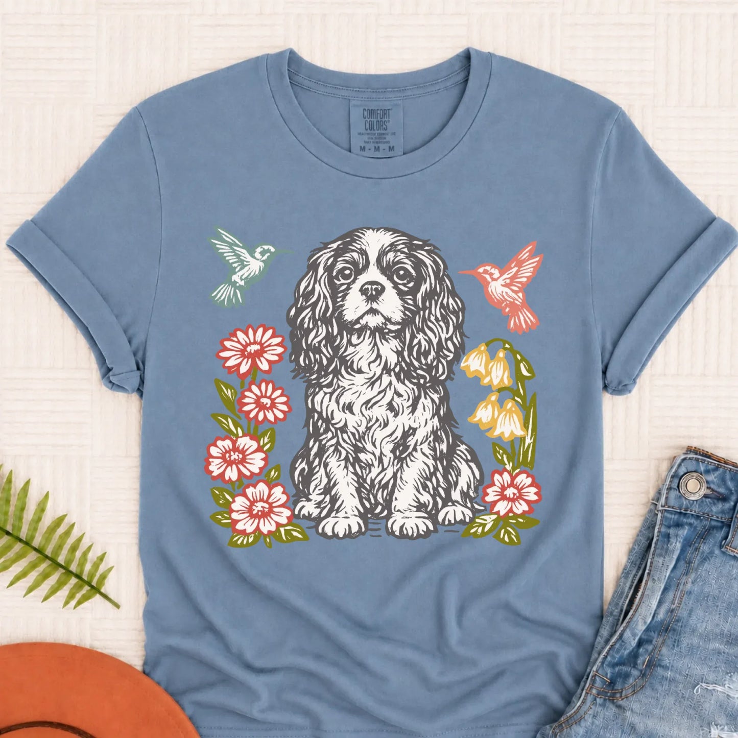 Cavalier Hummingbirds Garden Unisex TShirt Blue Jean