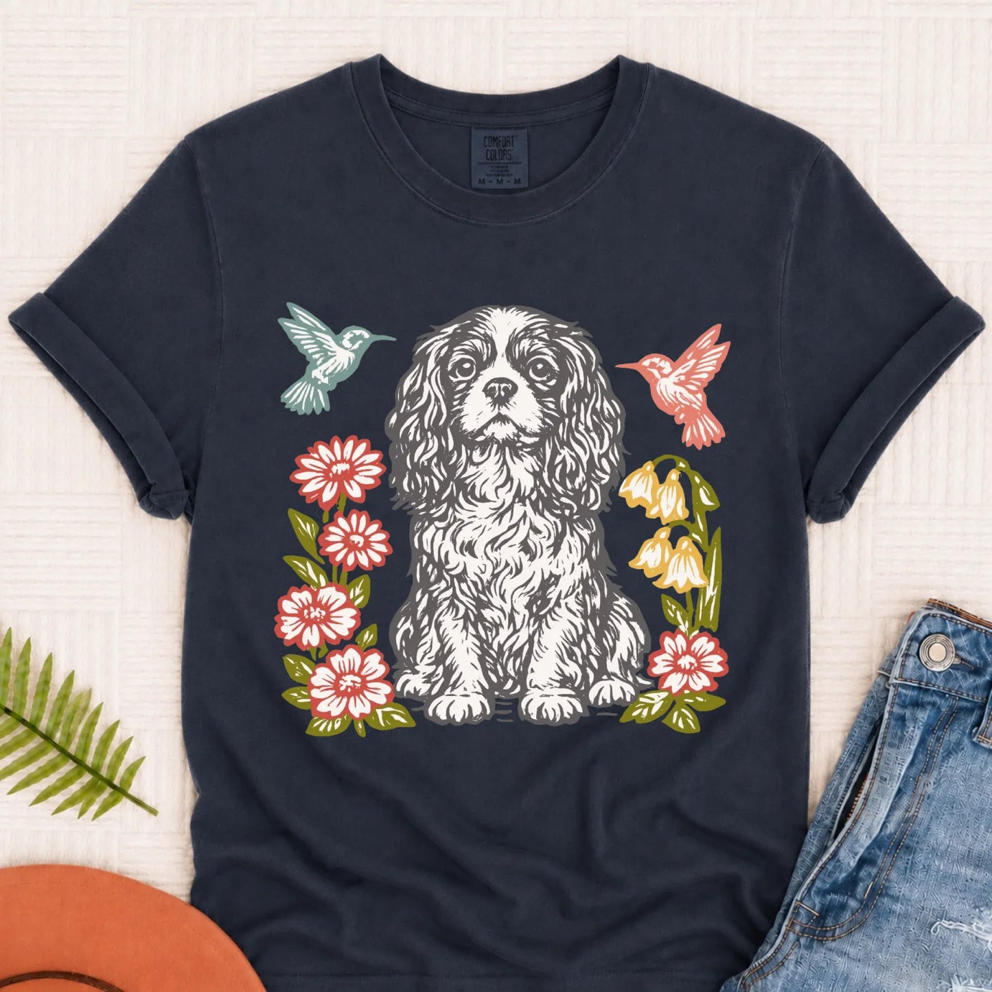 Cavalier Hummingbirds Garden Unisex TShirt Navy