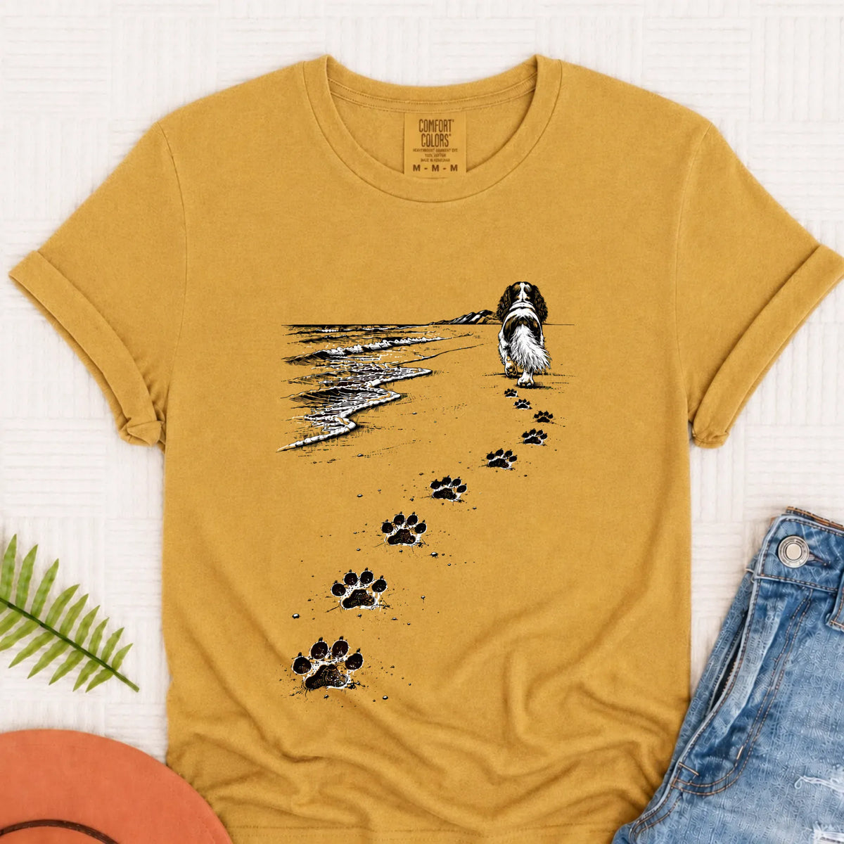 Cavalier King Charles Beach Walk Unisex TShirt Mustard