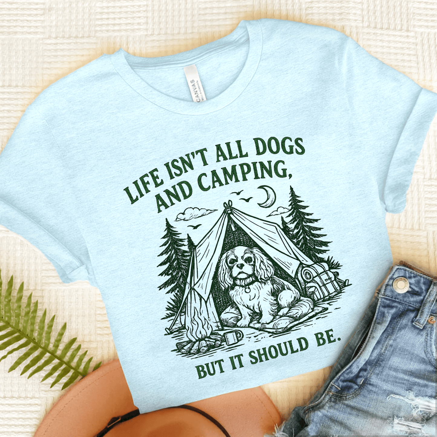 Cavalier King Charles Camping Unisex TShirt Heather Ice Blue