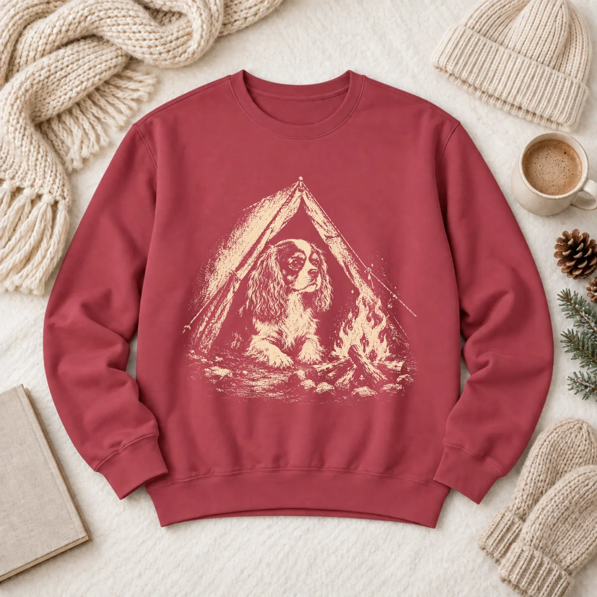 Cavalier King Charles Camping Unisex Sweatshirt Crimson