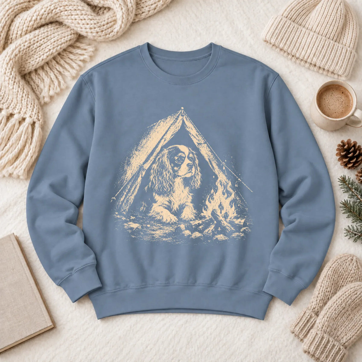 Cavalier King Charles Camping Unisex Sweatshirt Blue Jean