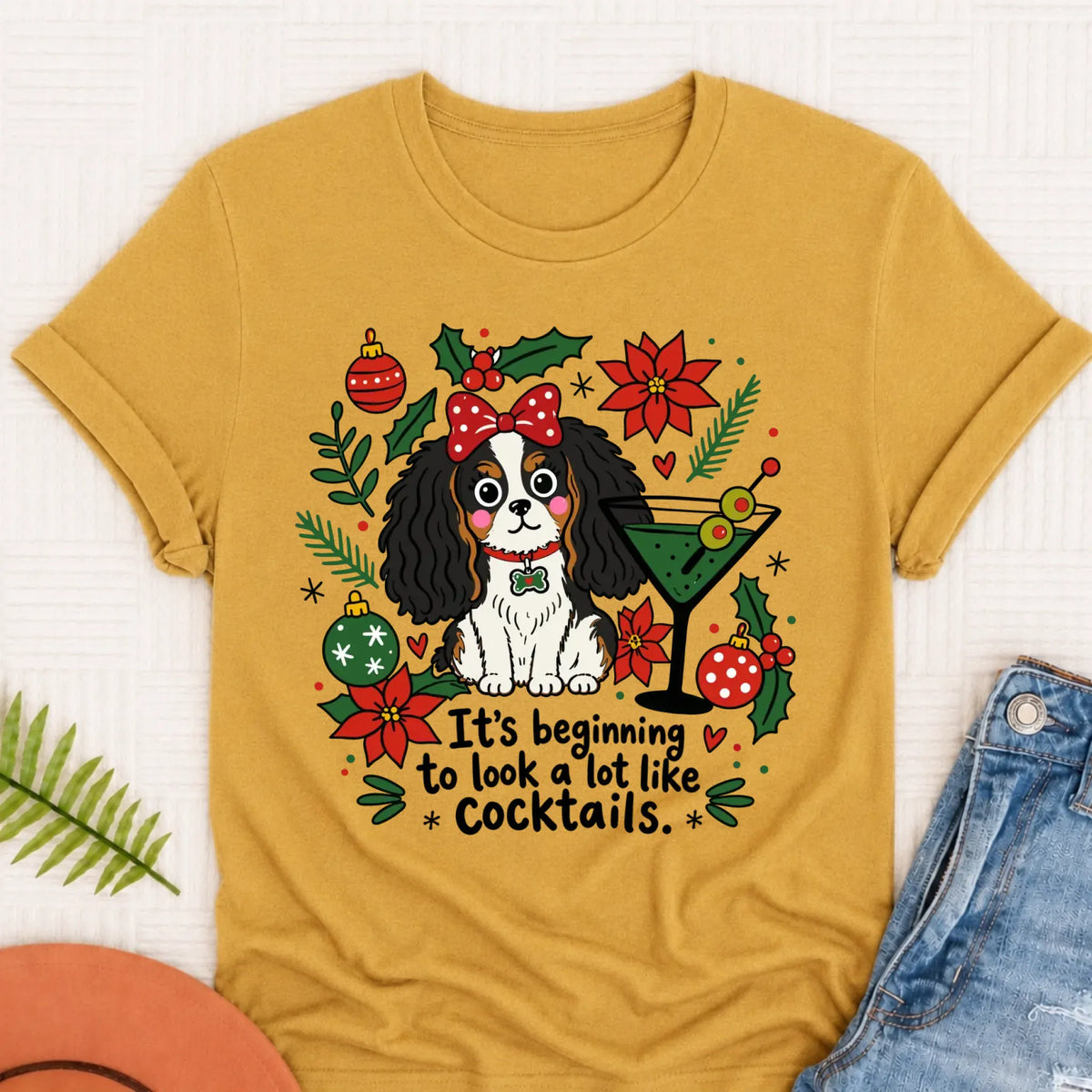 Cavalier King Charles Christmas Cocktails Unisex TShirt Mustard