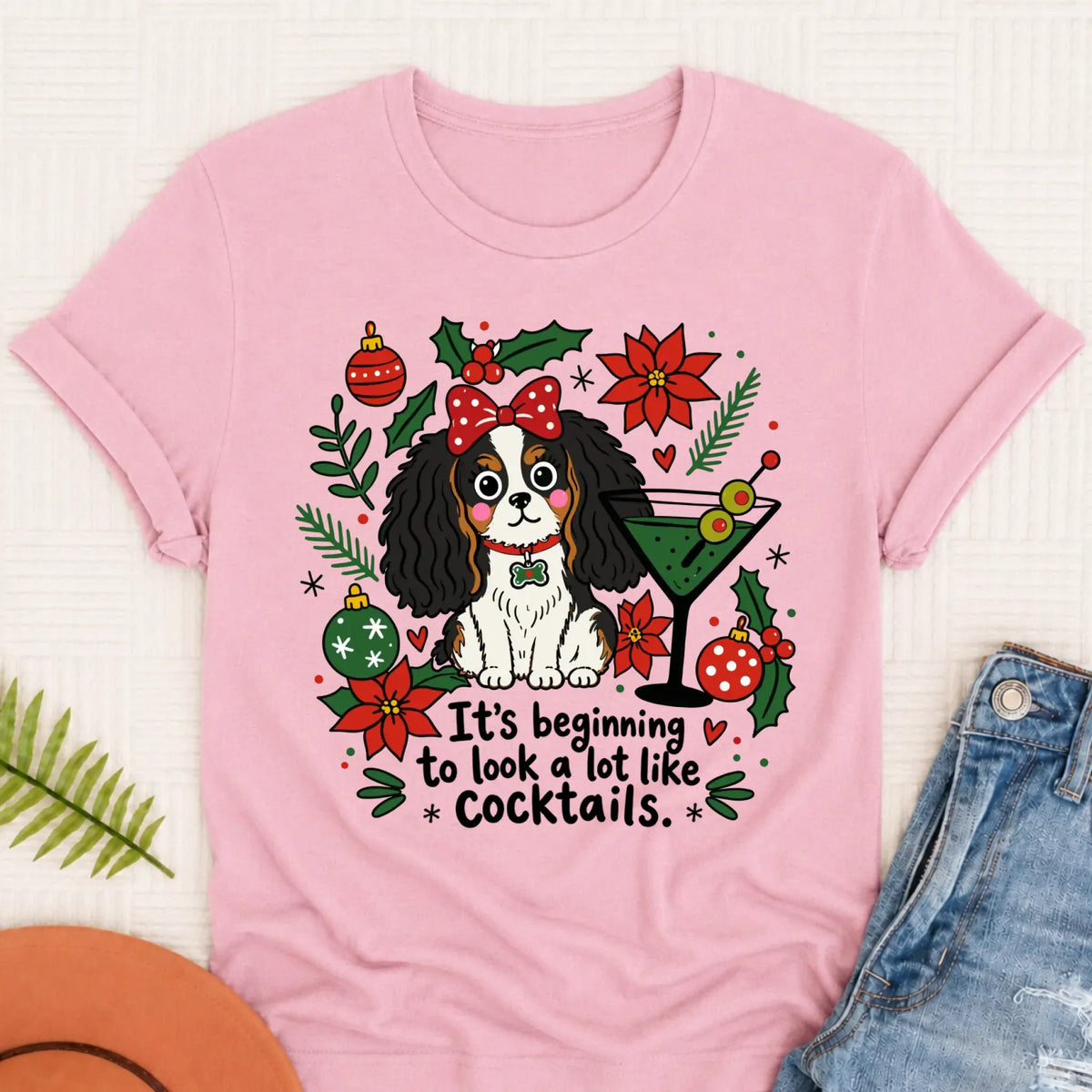 Cavalier King Charles Christmas Cocktails Unisex TShirt Blossom