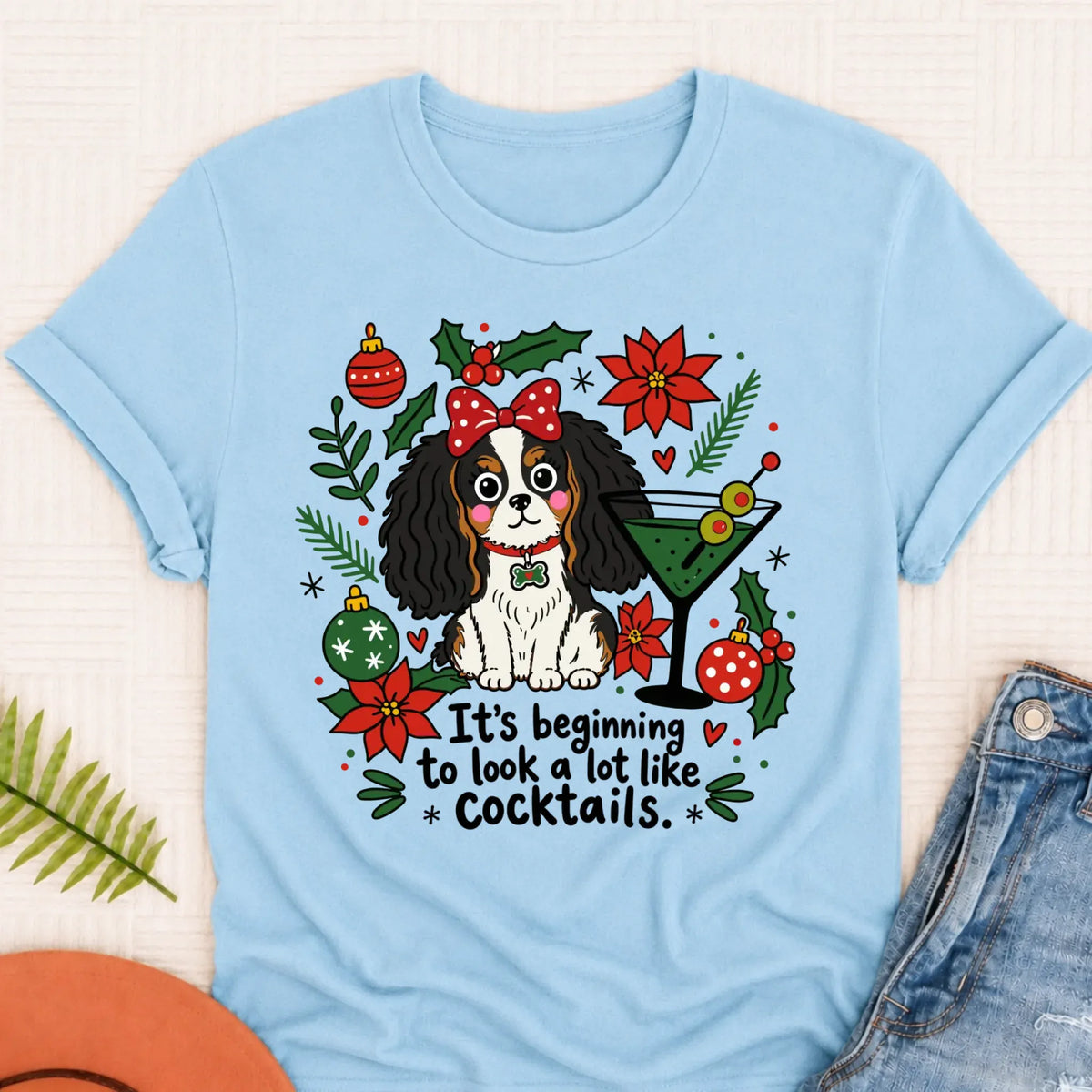 Cavalier King Charles Christmas Cocktails Unisex TShirt Chambray