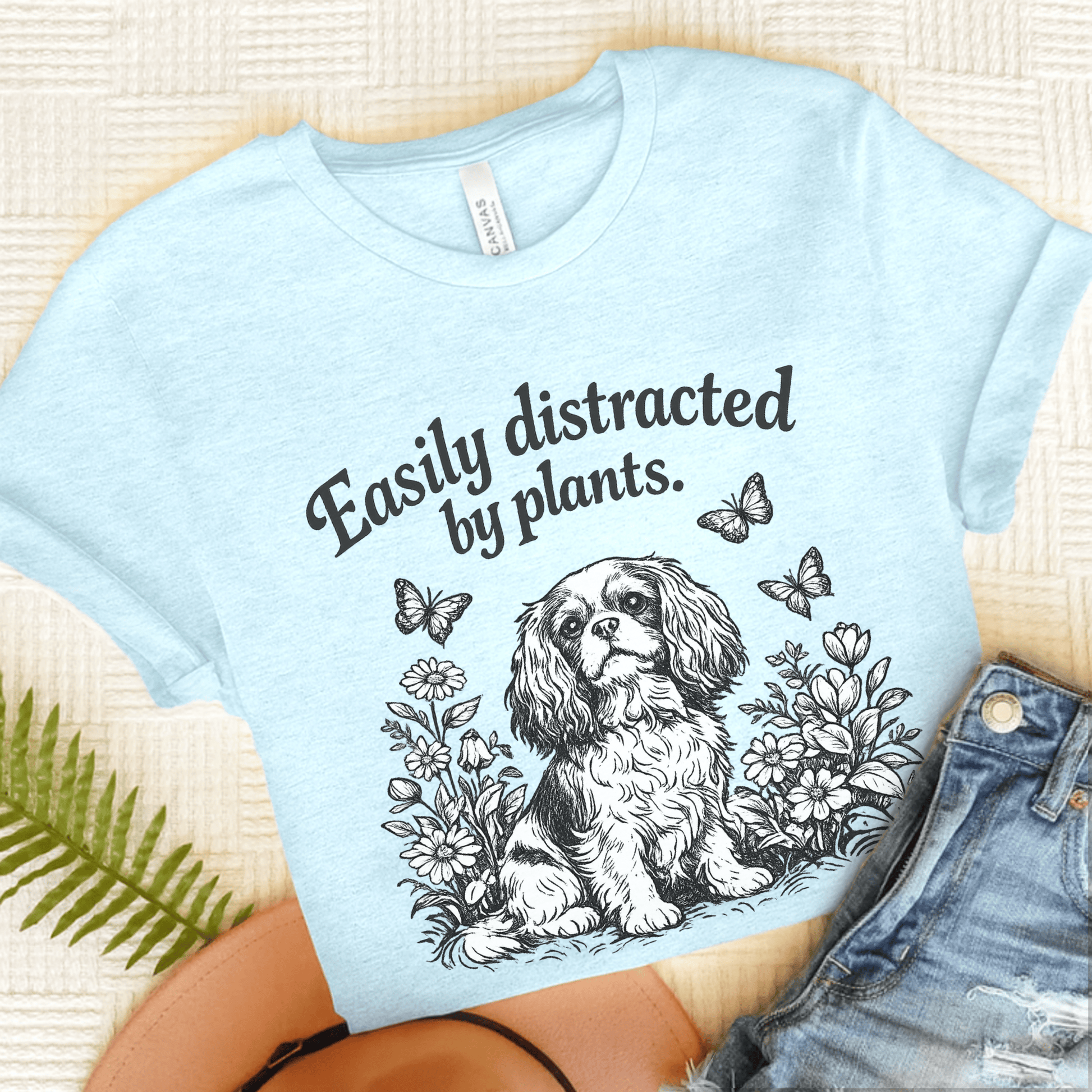 Cavalier Distracted Garden Unisex TShirt Heather Ice Blue