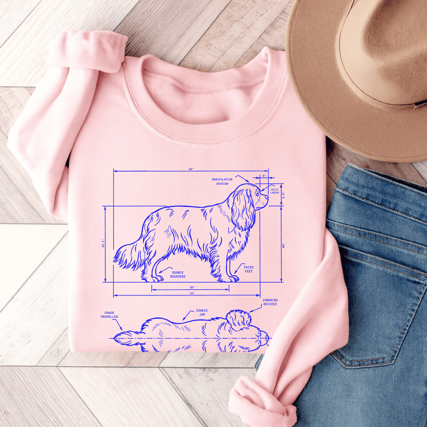 Cavalier King Charles Funny Blueprint Sweatshirt Light Pink