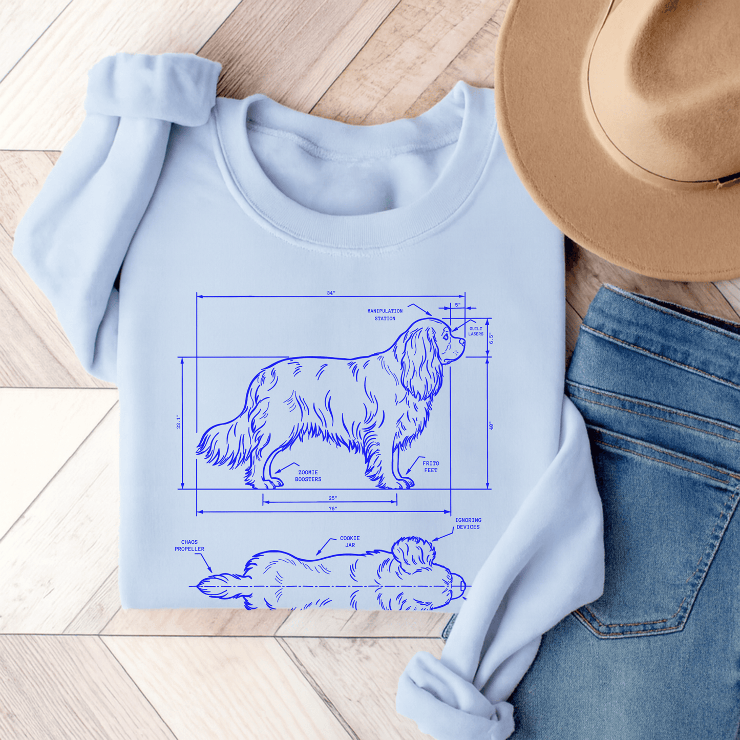 Cavalier King Charles Funny Blueprint Sweatshirt Light Blue