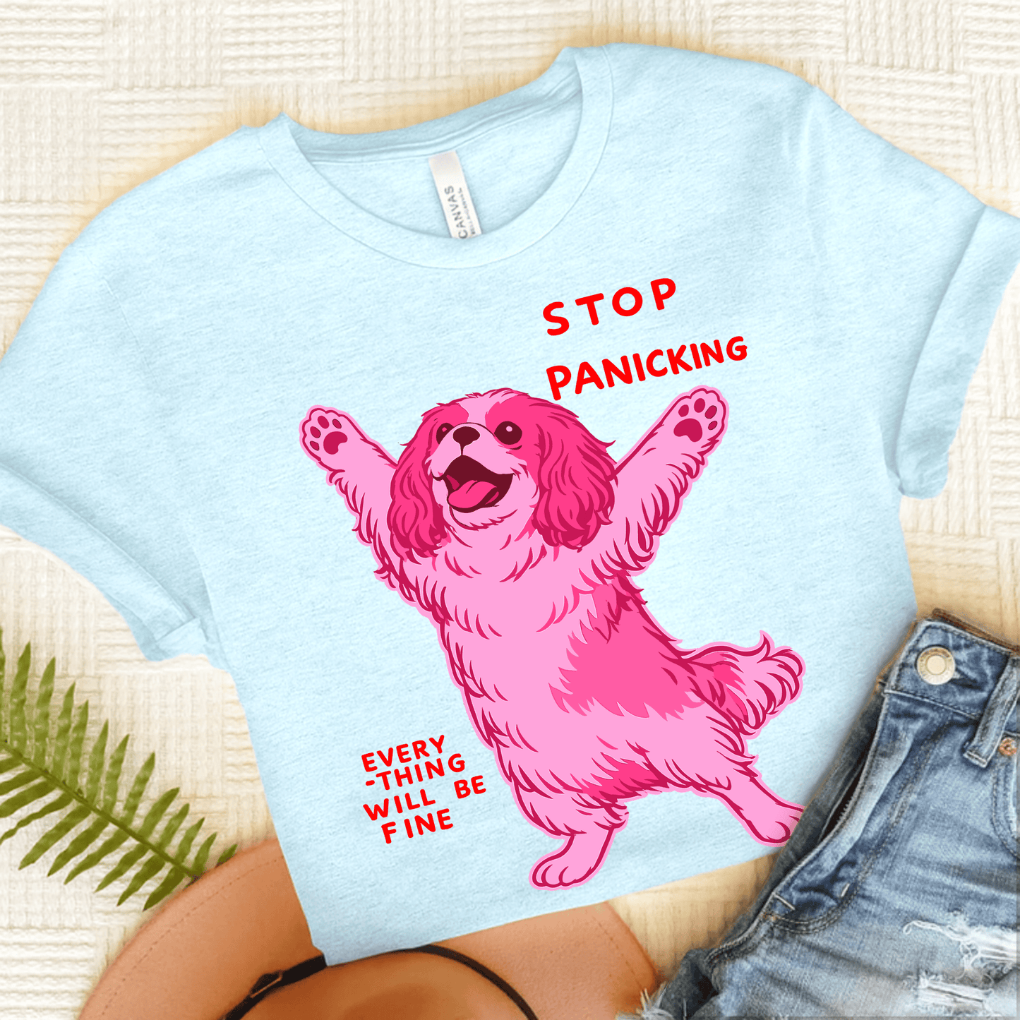 Cavalier Stop Panicking Unisex TShirt Heather Ice Blue