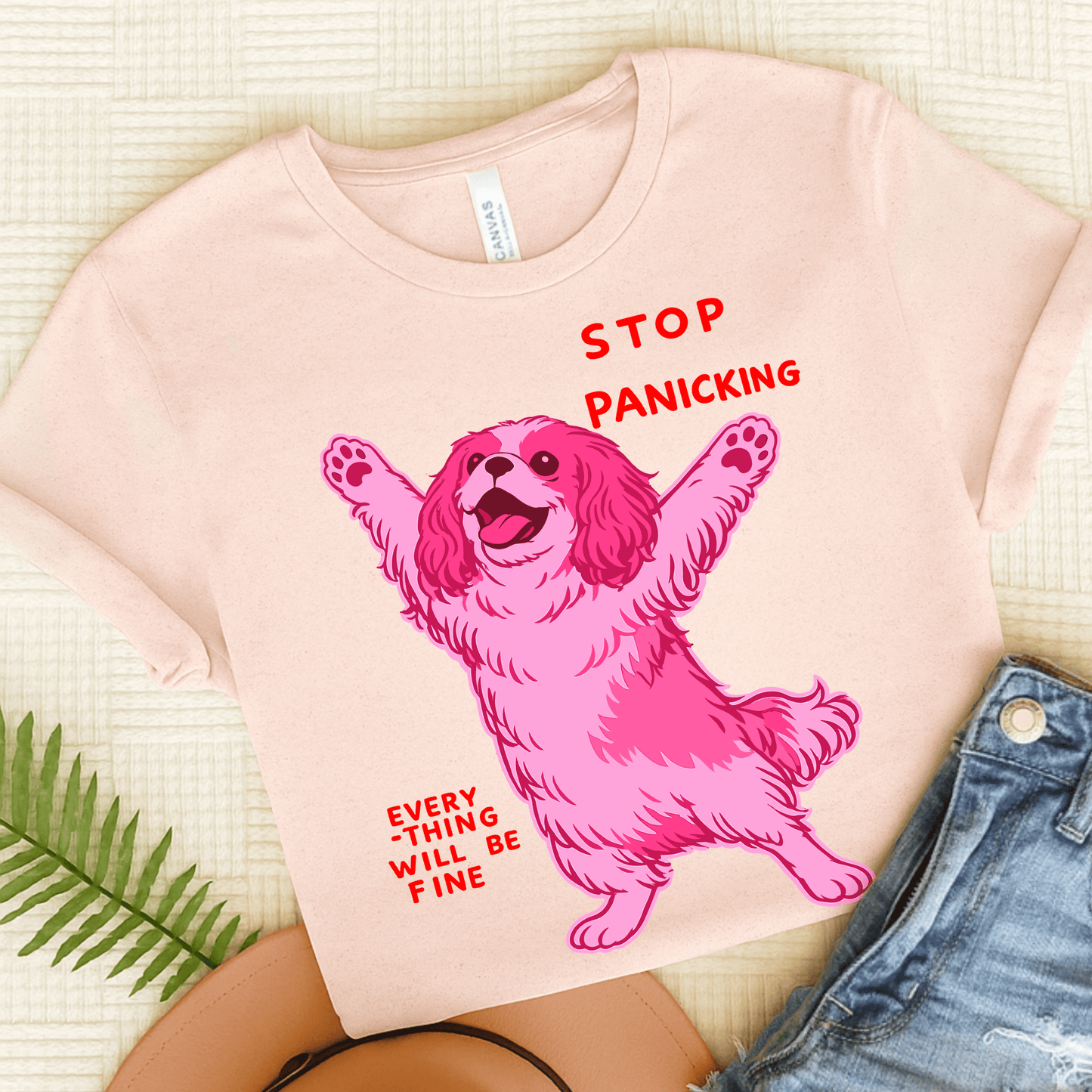 Cavalier Stop Panicking Unisex TShirt Soft Pink