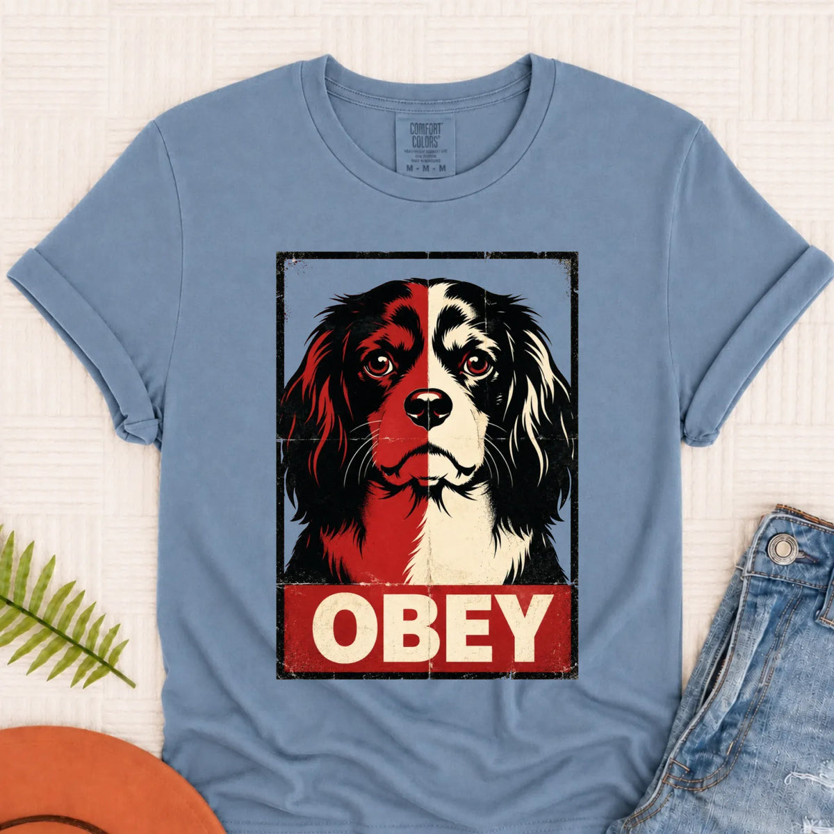 Cavalier King Charles Obey Funny Unisex Tshirt Blue Jean