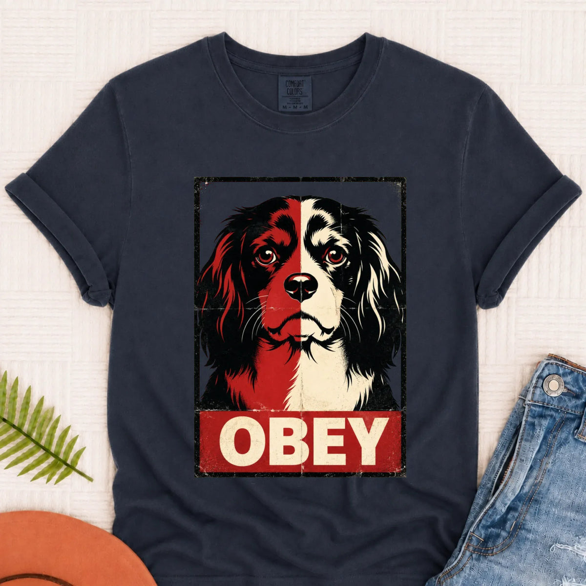 Cavalier King Charles Obey Funny Unisex Tshirt Navy