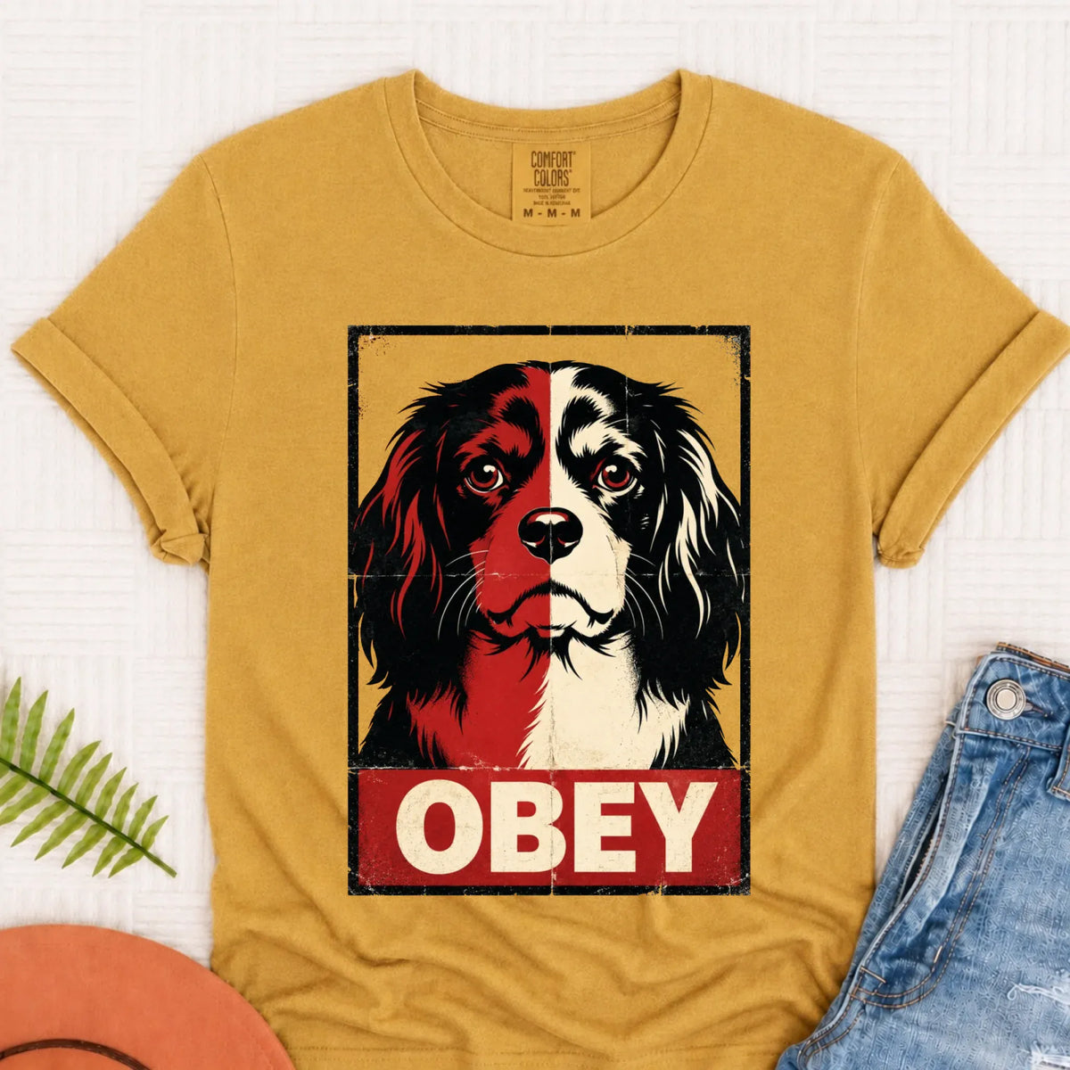 Cavalier King Charles Obey Funny Unisex Tshirt Mustard