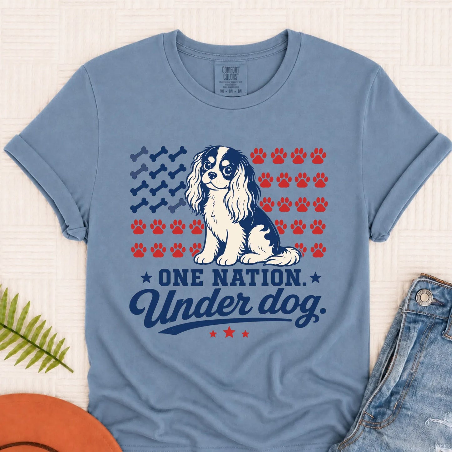 Cavalier King Charles One Nation USA Unisex TShirt Blue Jean