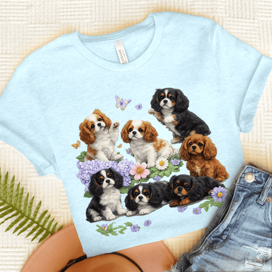 Cavalier Puppies Butterflies Unisex TShirt Heather Ice Blue