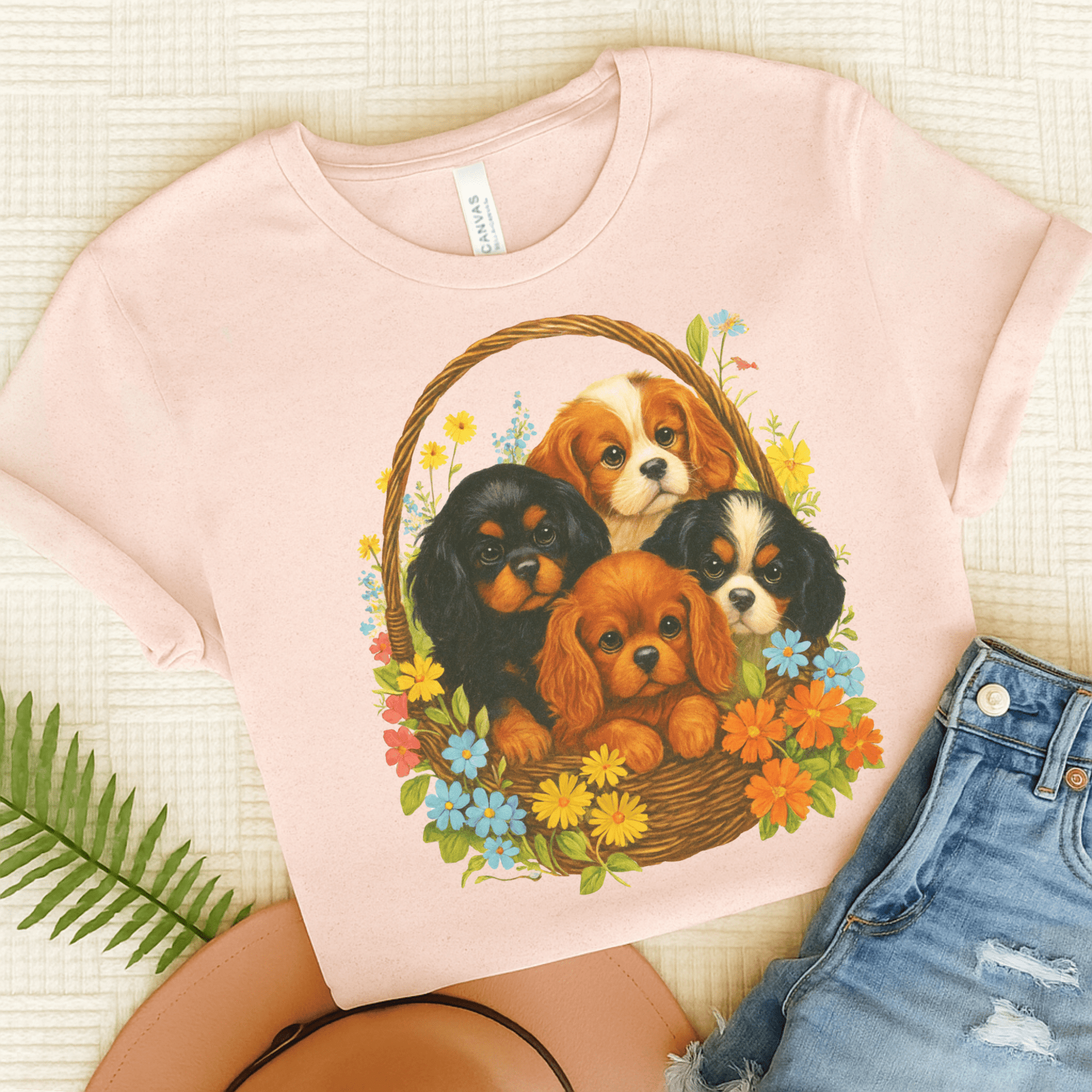 Cavalier Puppy Basket Unisex TShirt Soft Pink