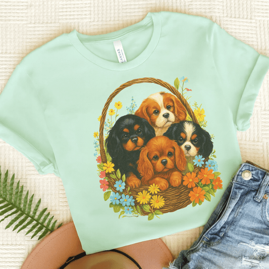 Printify T-Shirt Heather Mint / S Cavalier King Charles Puppy Basket TShirt