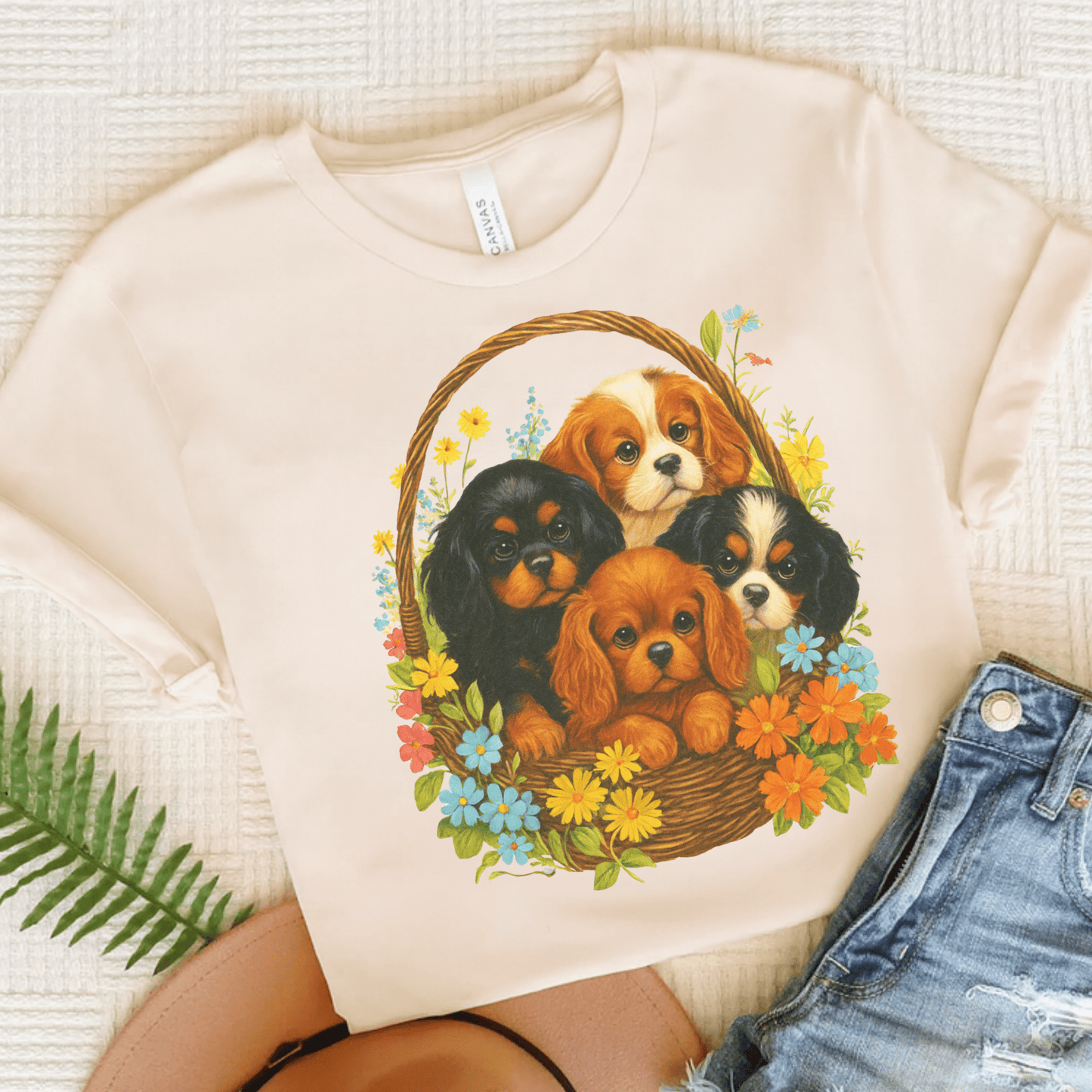 Printify T-Shirt Natural / S Cavalier King Charles Puppy Basket TShirt