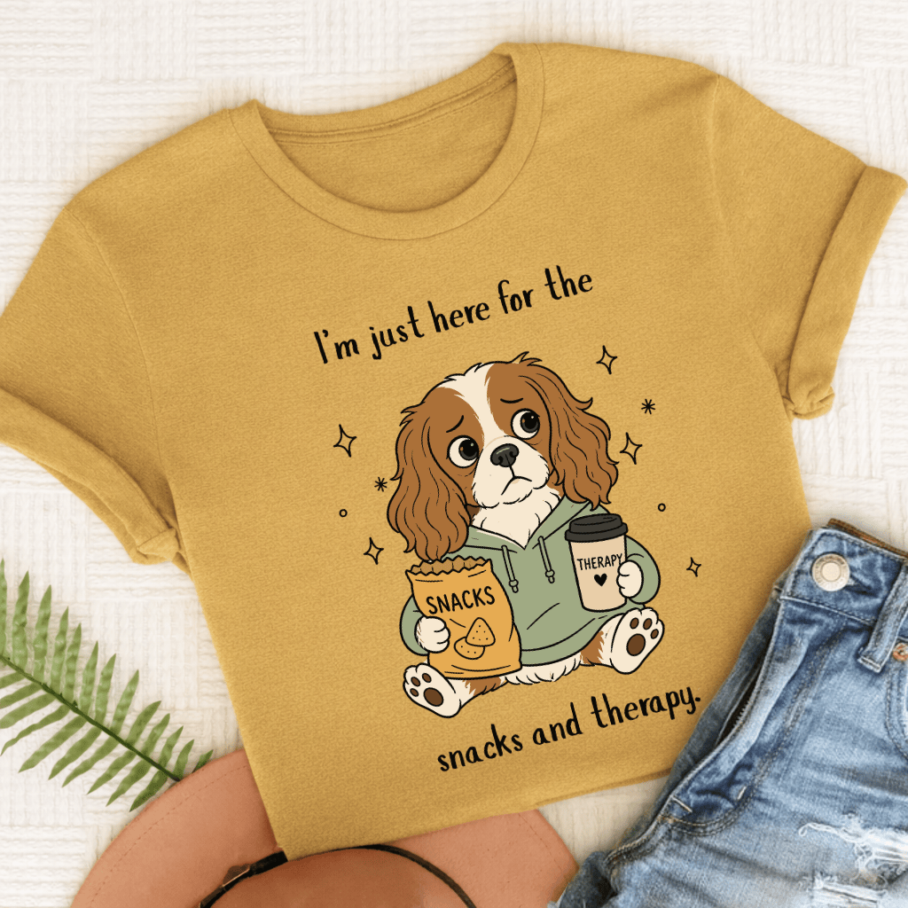 Cavalier King Charles Snacks and Therapy Unisex TShirt Comfort Colors Mustard