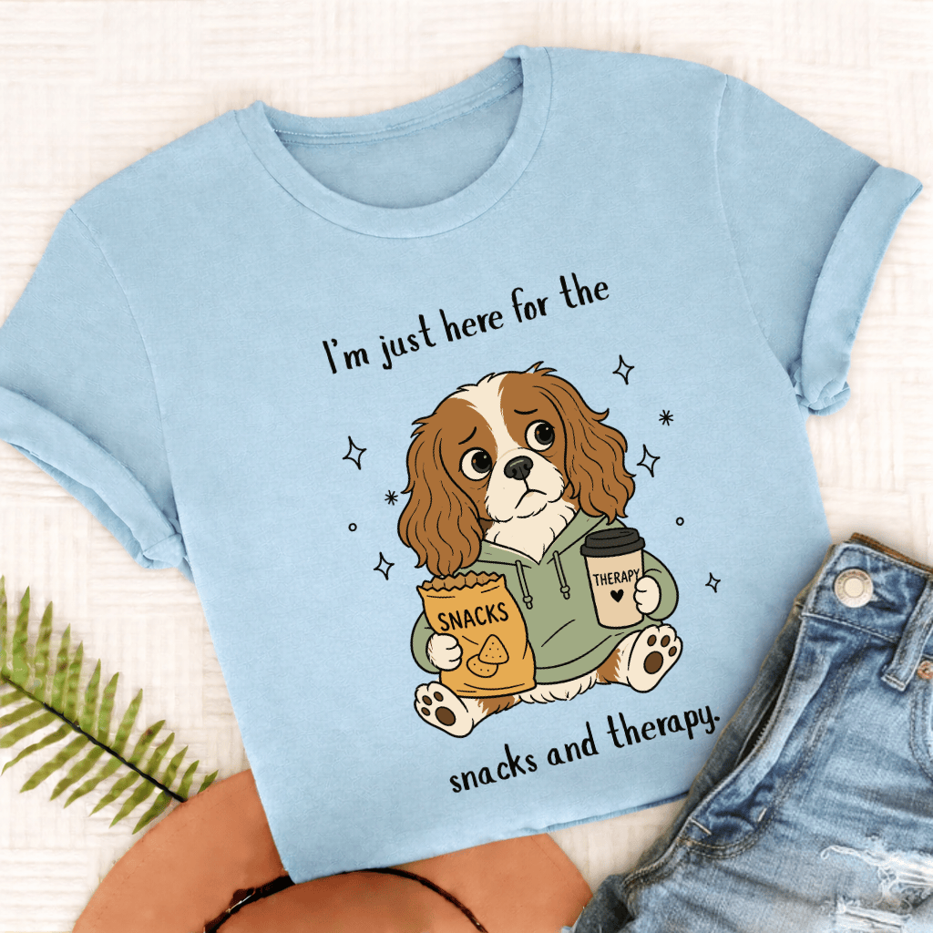 Cavalier King Charles Snacks and Therapy Unisex TShirt Comfort Colors Chambray