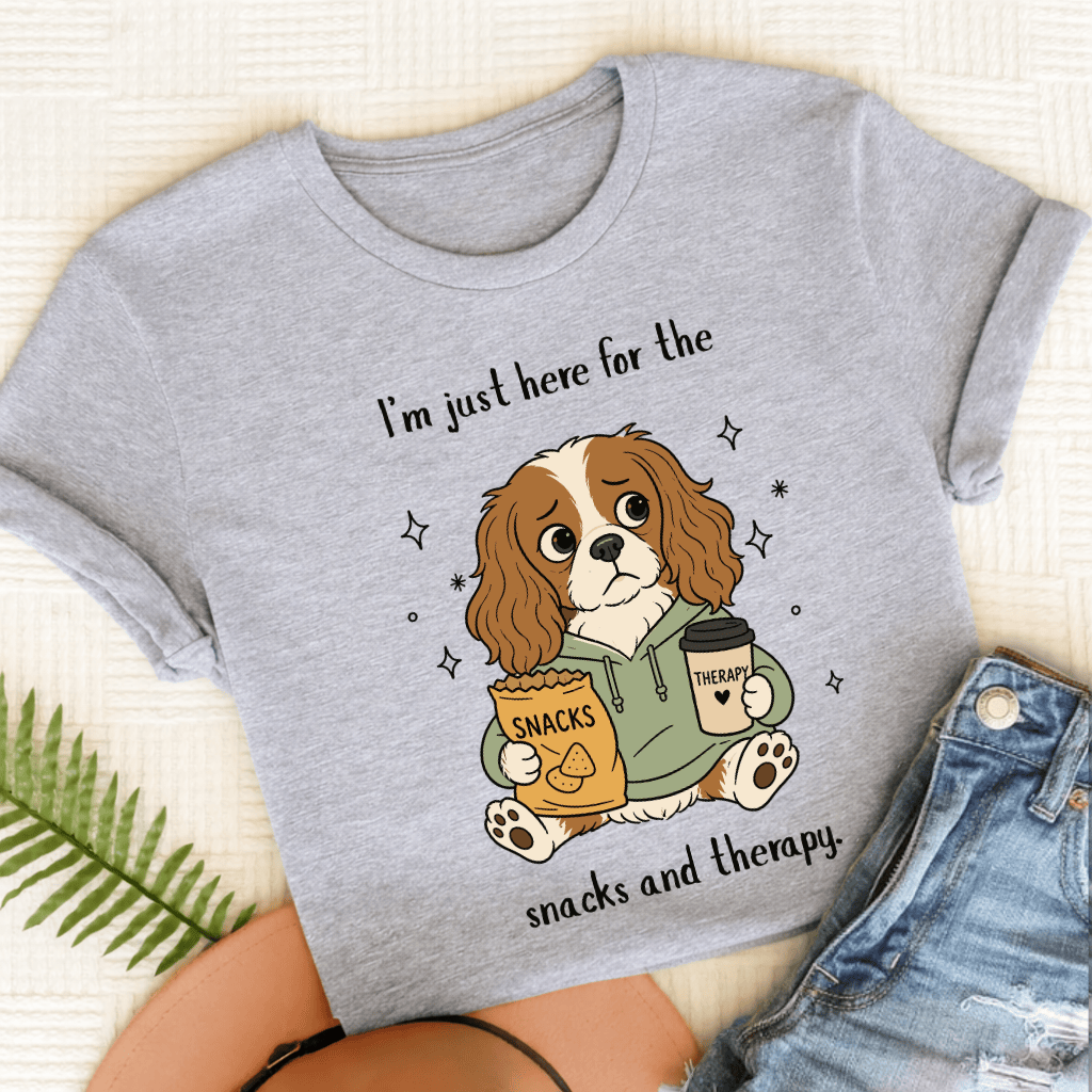 Cavalier King Charles Snacks and Therapy Unisex TShirt Sport Grey