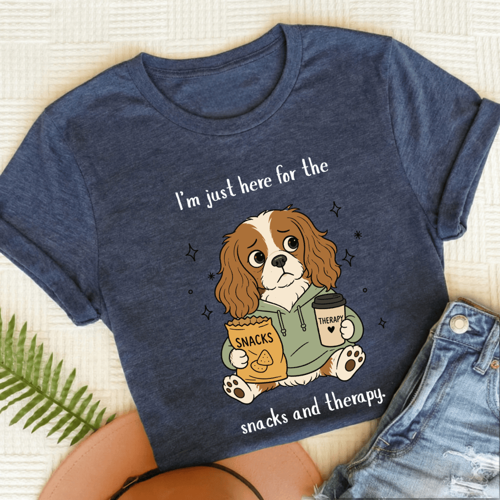 Cavalier King Charles Snacks and Therapy Unisex TShirt Heather Navy