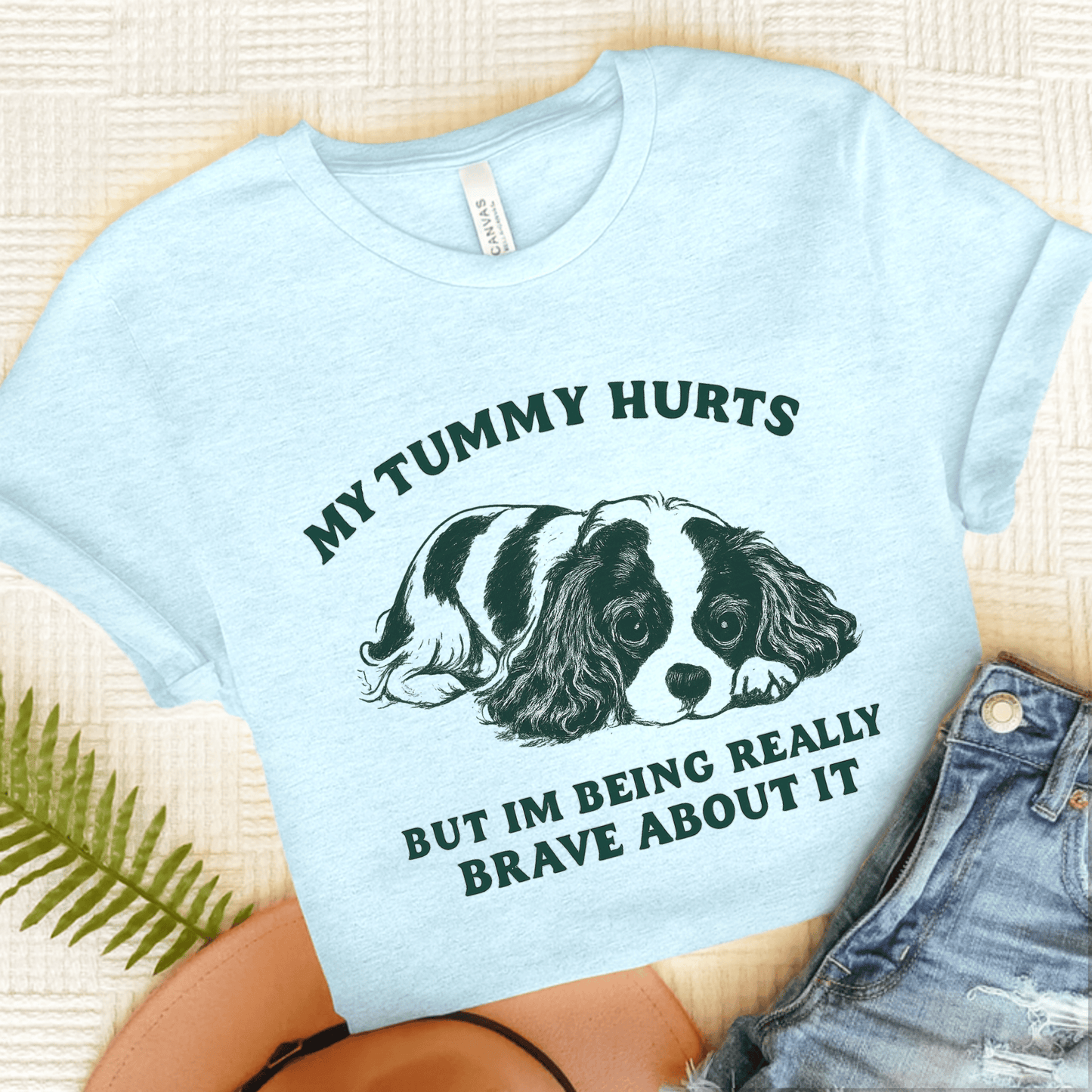 Cavalier Tummy Hurts Funny Unisex TShirt Heather Ice Blue