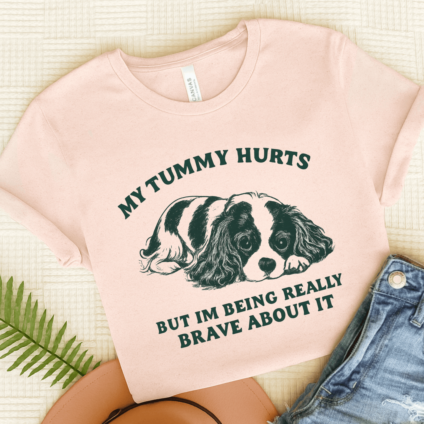 Cavalier Tummy Hurts Funny Unisex TShirt Soft Pink