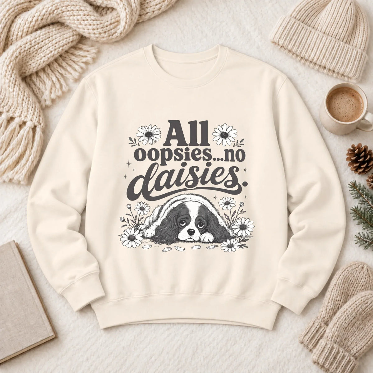 Cavalier King Oopsie Daisies Unisex Sweatshirt Ivory