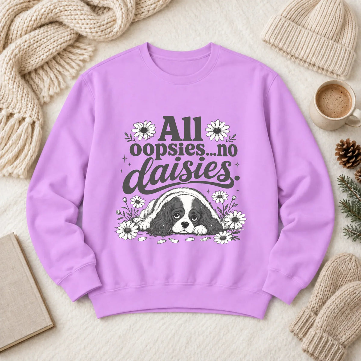 Cavalier King Oopsie Daisies Unisex Sweatshirt Neon Violet