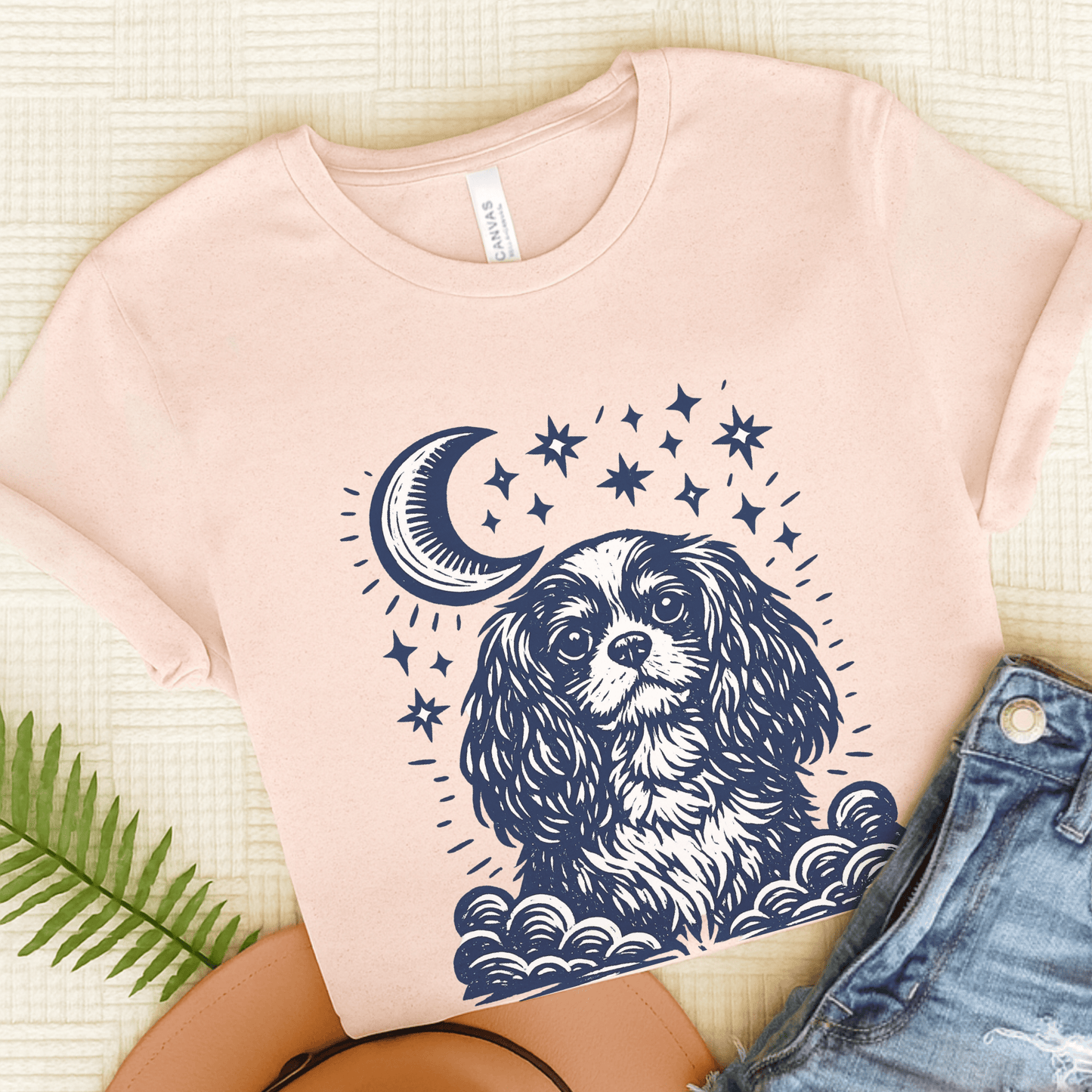 Cavalier Moon and Stars Unisex TShirt Soft Pink