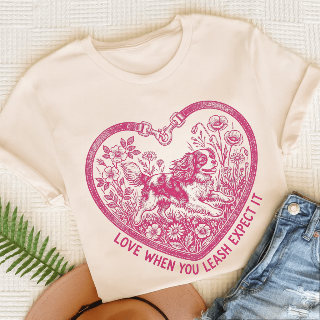 Cavalier Love Leash Unisex TShirt Natural