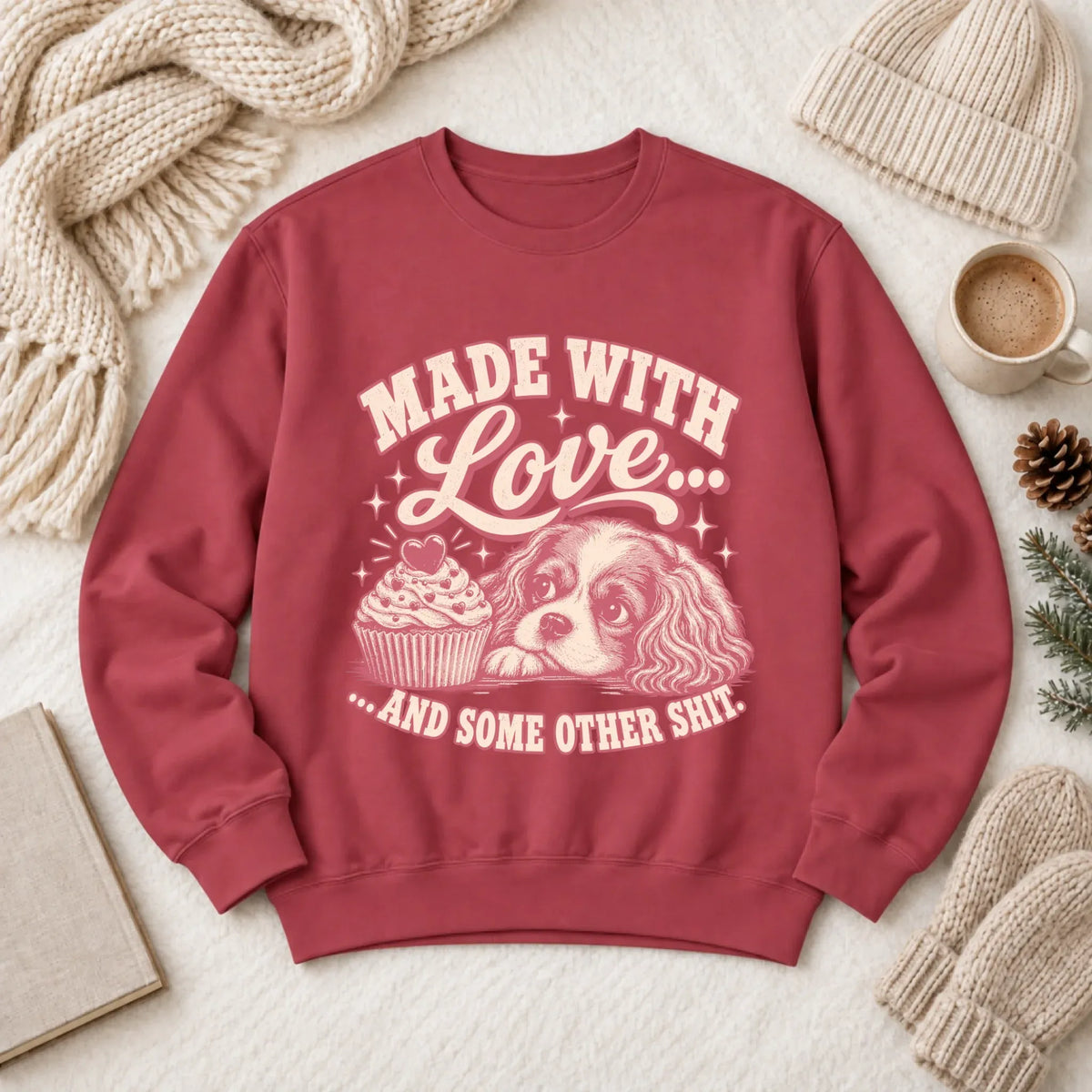 Cavalier Made with Love Cupcakes Unisex Sweatshirt Crimson