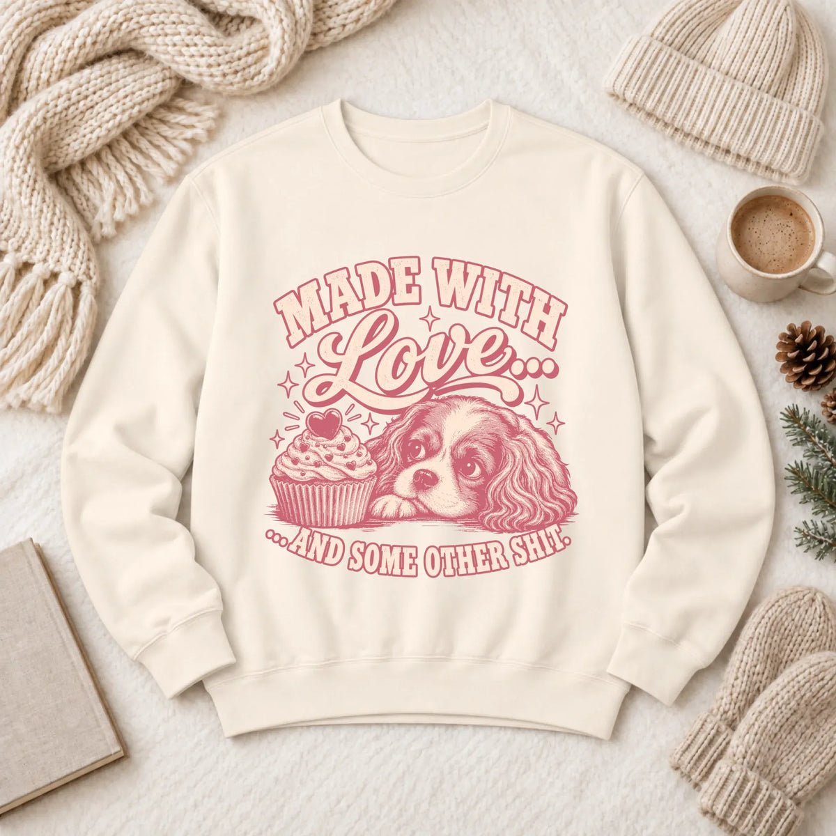 Cavalier Made with Love Cupcakes Unisex Sweatshirt Ivory