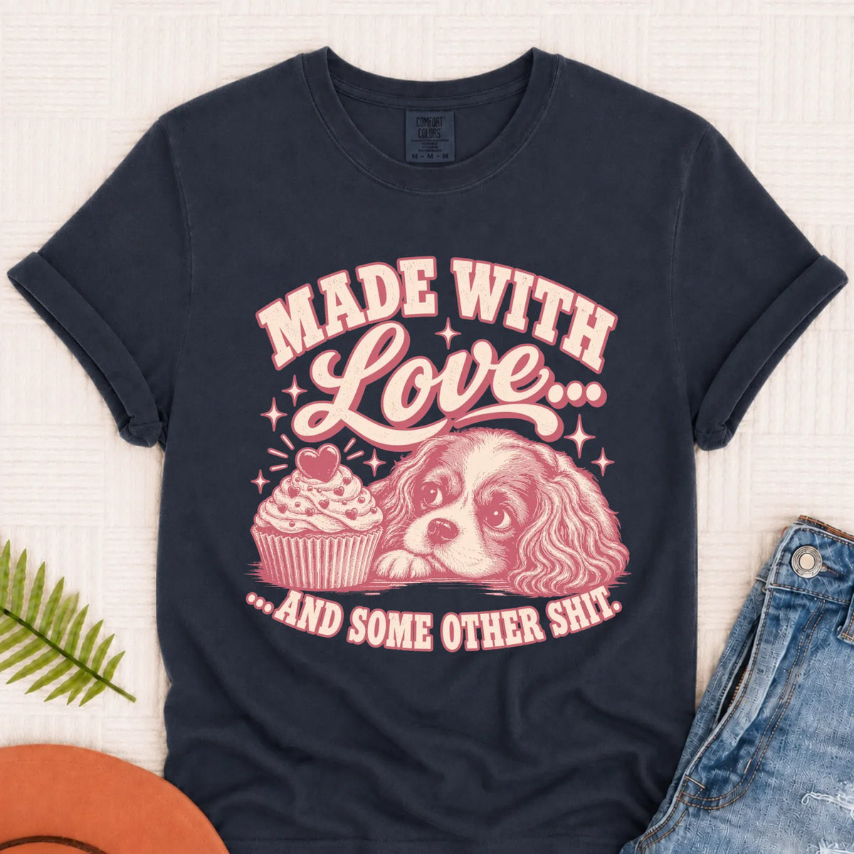 Cavalier Made with Love Cupcakes Unisex Tshirt Navy