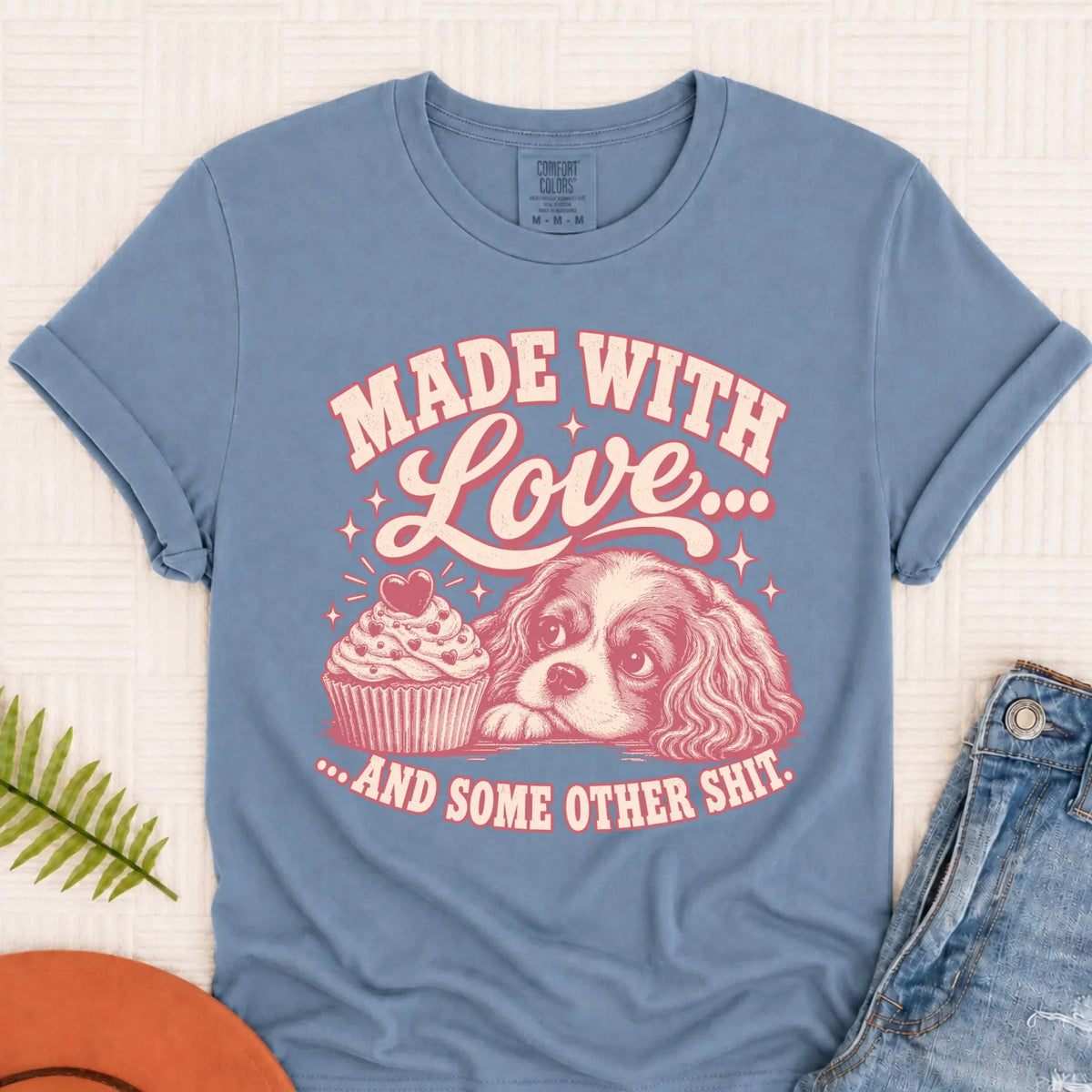 Cavalier Made with Love Cupcakes Unisex Tshirt Blue Jean