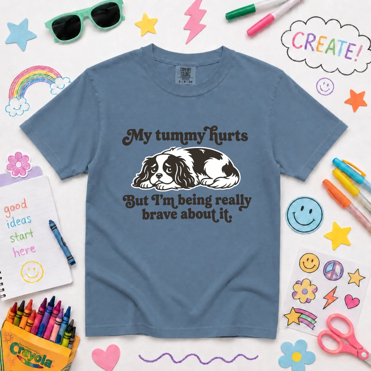 Cavalier My Tummy Hurts Funny Unisex Youth Tshirt Blue Jean