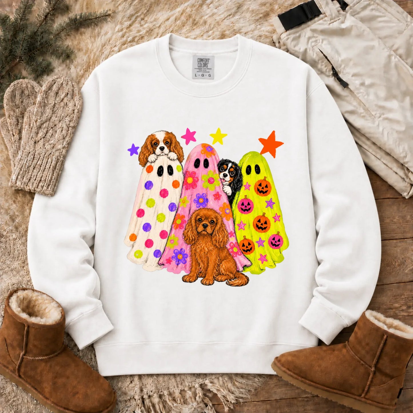 Cavalier Neon Ghosts Halloween Unisex Sweatshirt White