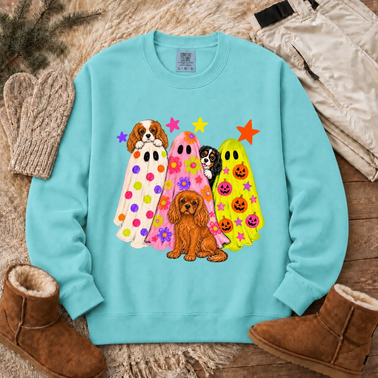 Cavalier Neon Ghosts Halloween Unisex Sweatshirt Chalky Mint
