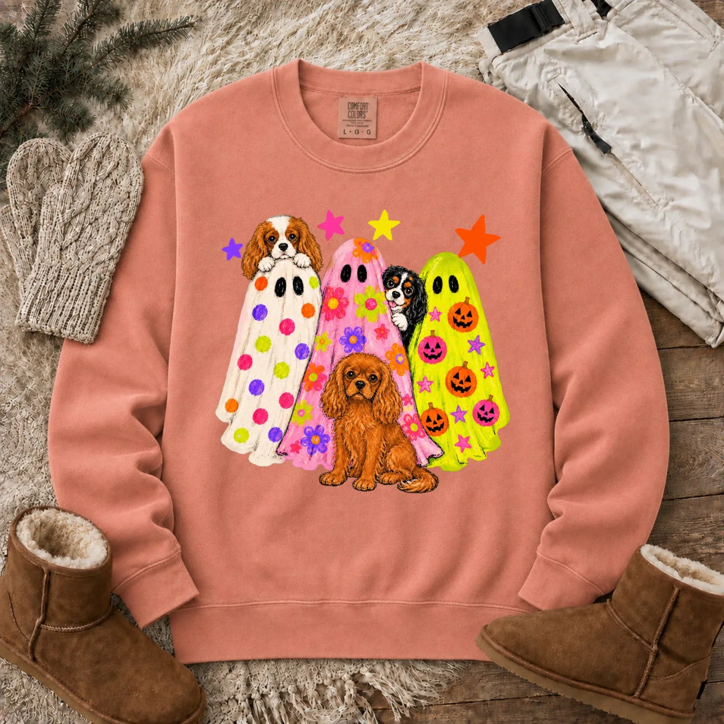 Cavalier Neon Ghosts Halloween Unisex Sweatshirt Terracotta